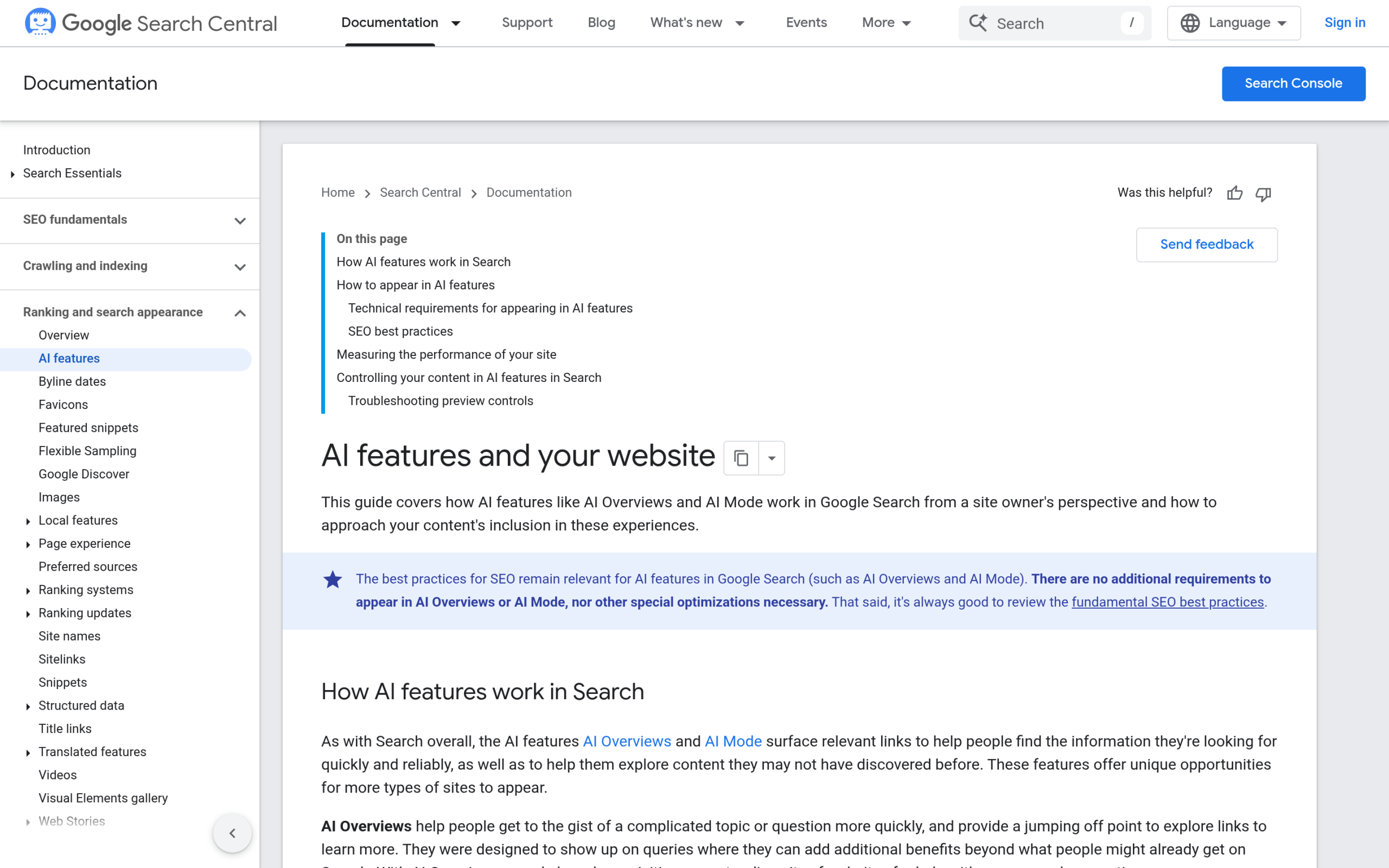 Google Search Central documentation on AI features and AI Overviews