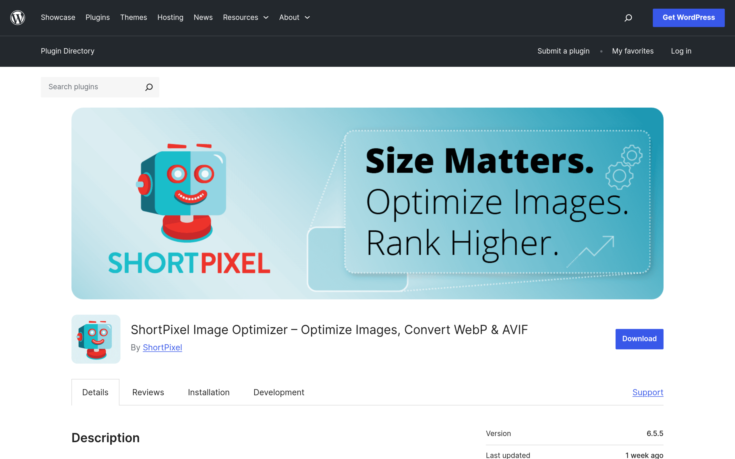 ShortPixel Image Optimizer plugin page on WordPress.org