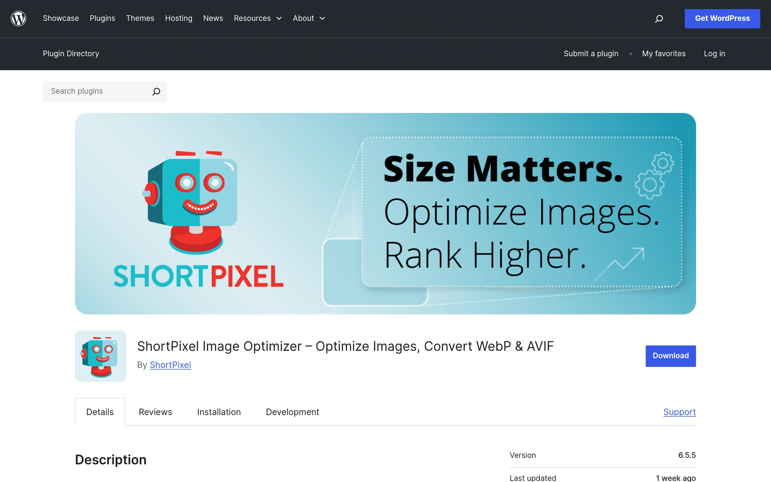 ShortPixel Image Optimizer plugin page on WordPress.org