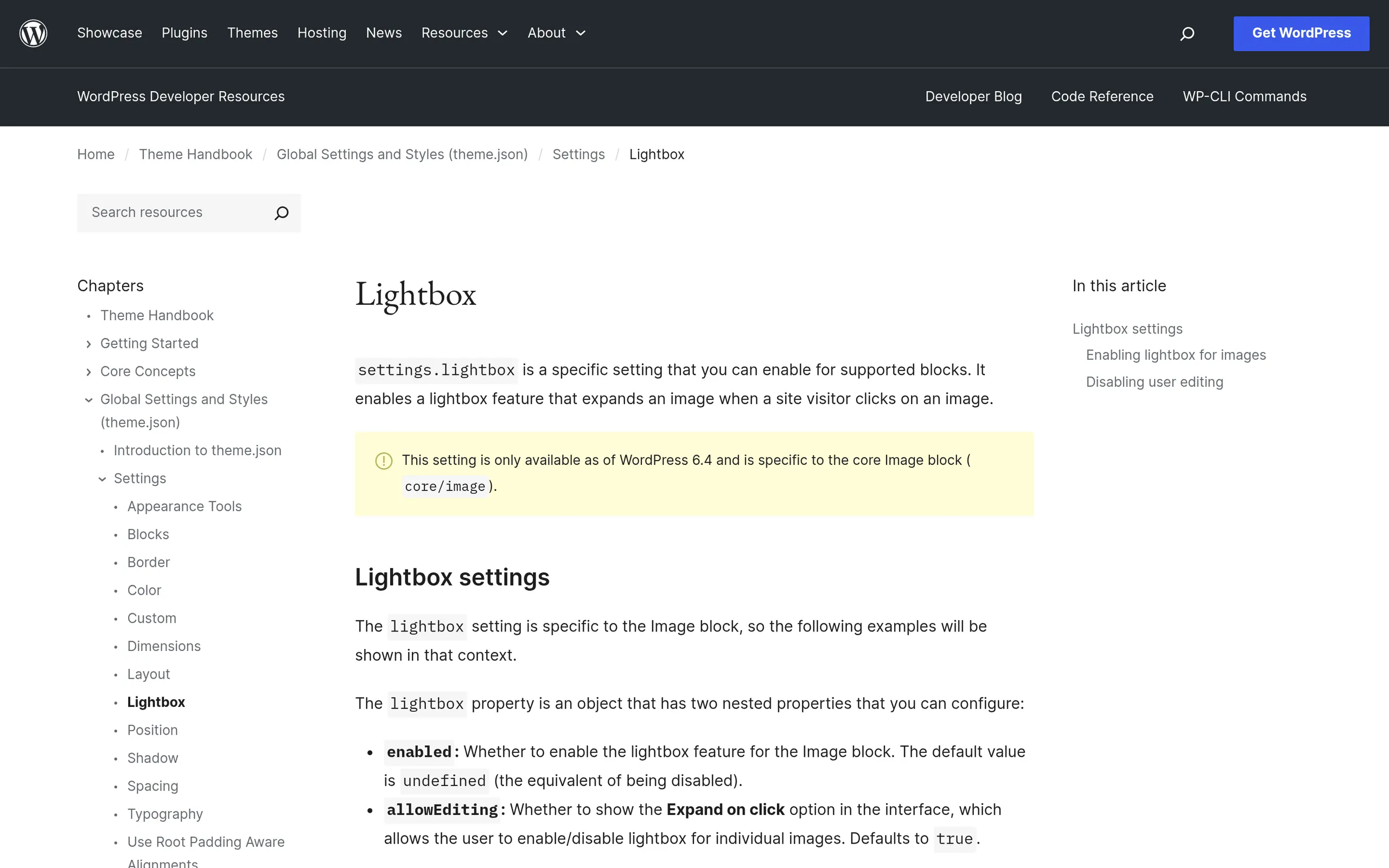 WordPress core Image block lightbox Expand on click setting in the developer documentation