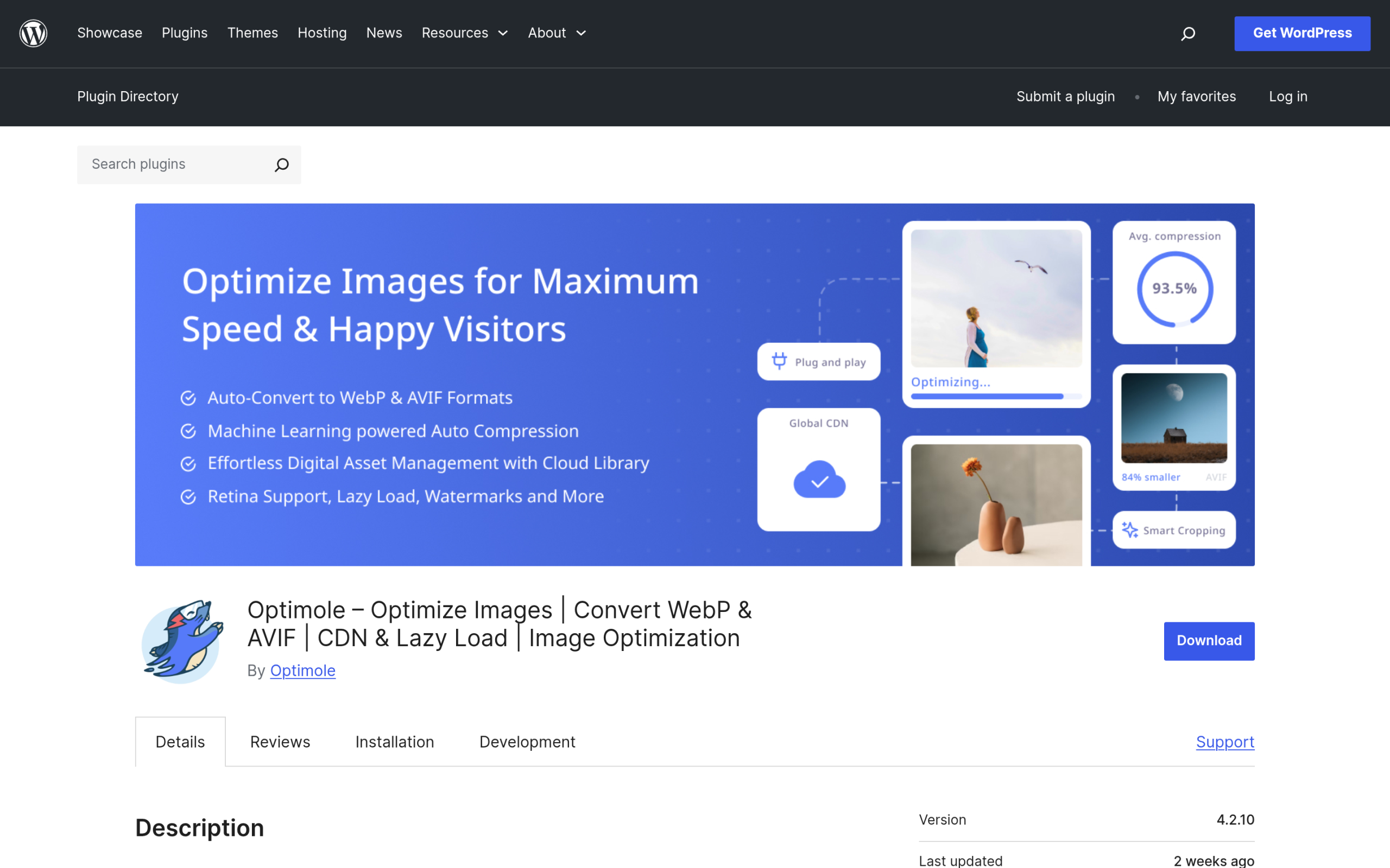 Optimole image optimization and CDN plugin page on WordPress.org