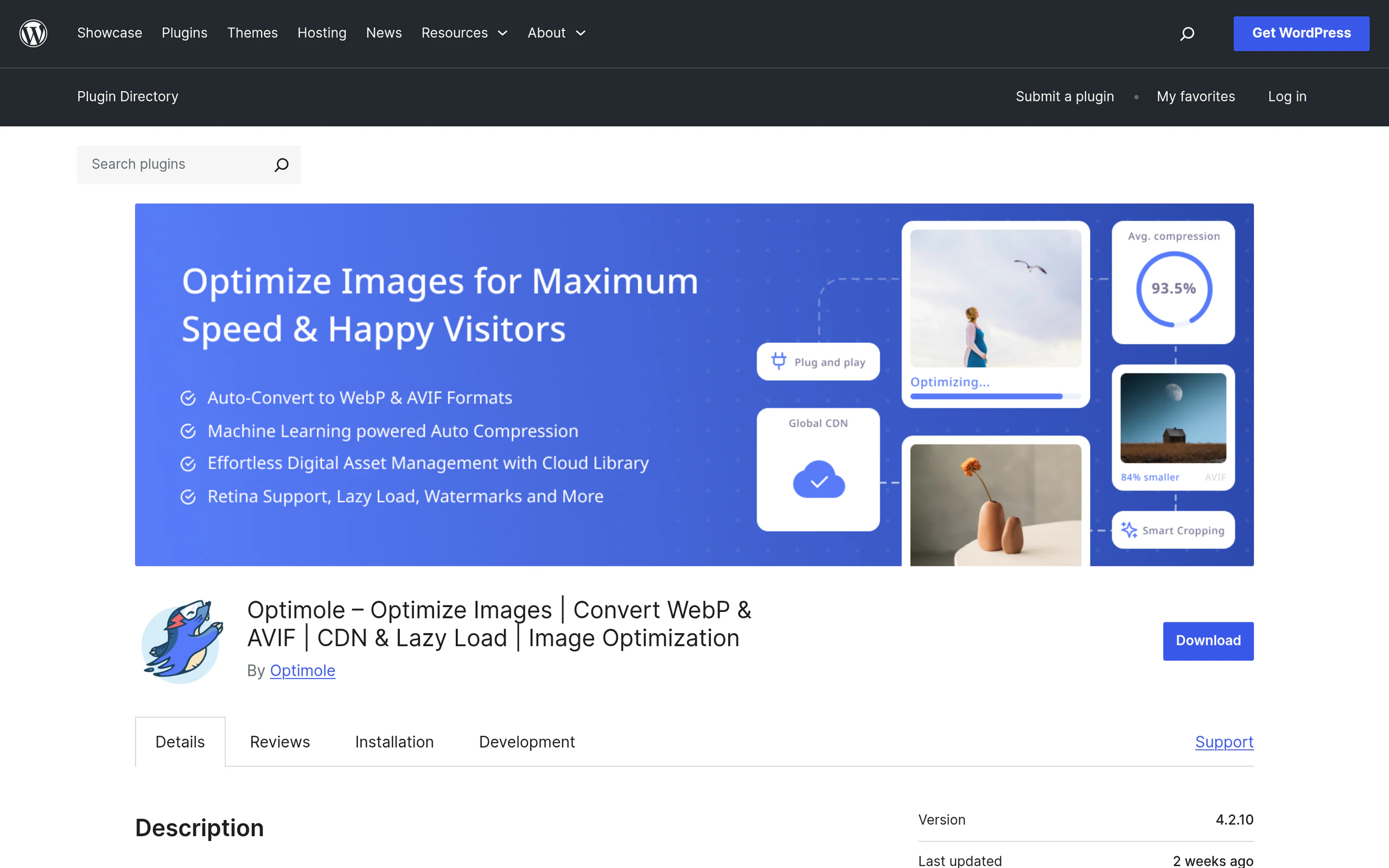 Optimole image optimization and CDN plugin page on WordPress.org