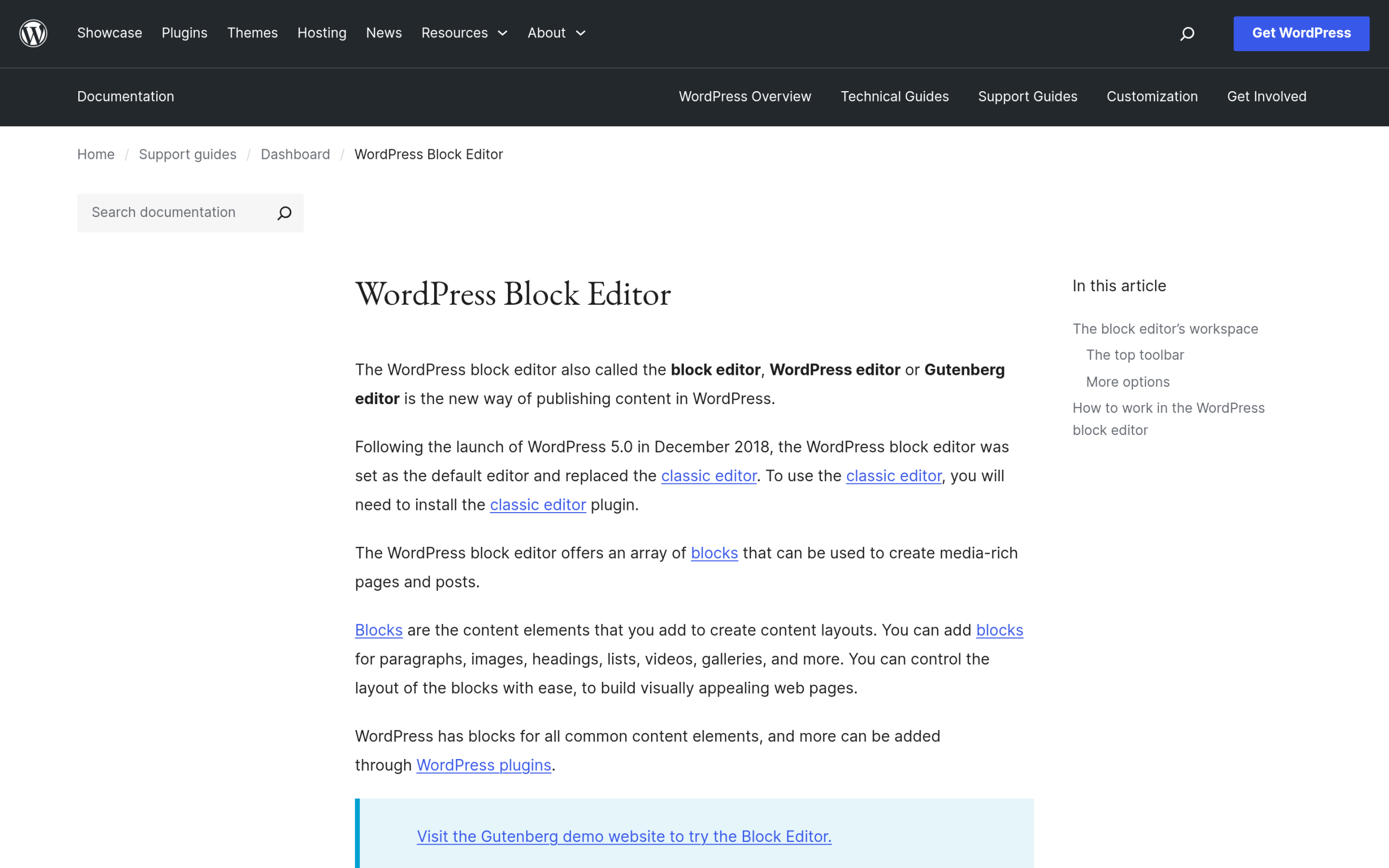 WordPress block editor documentation page