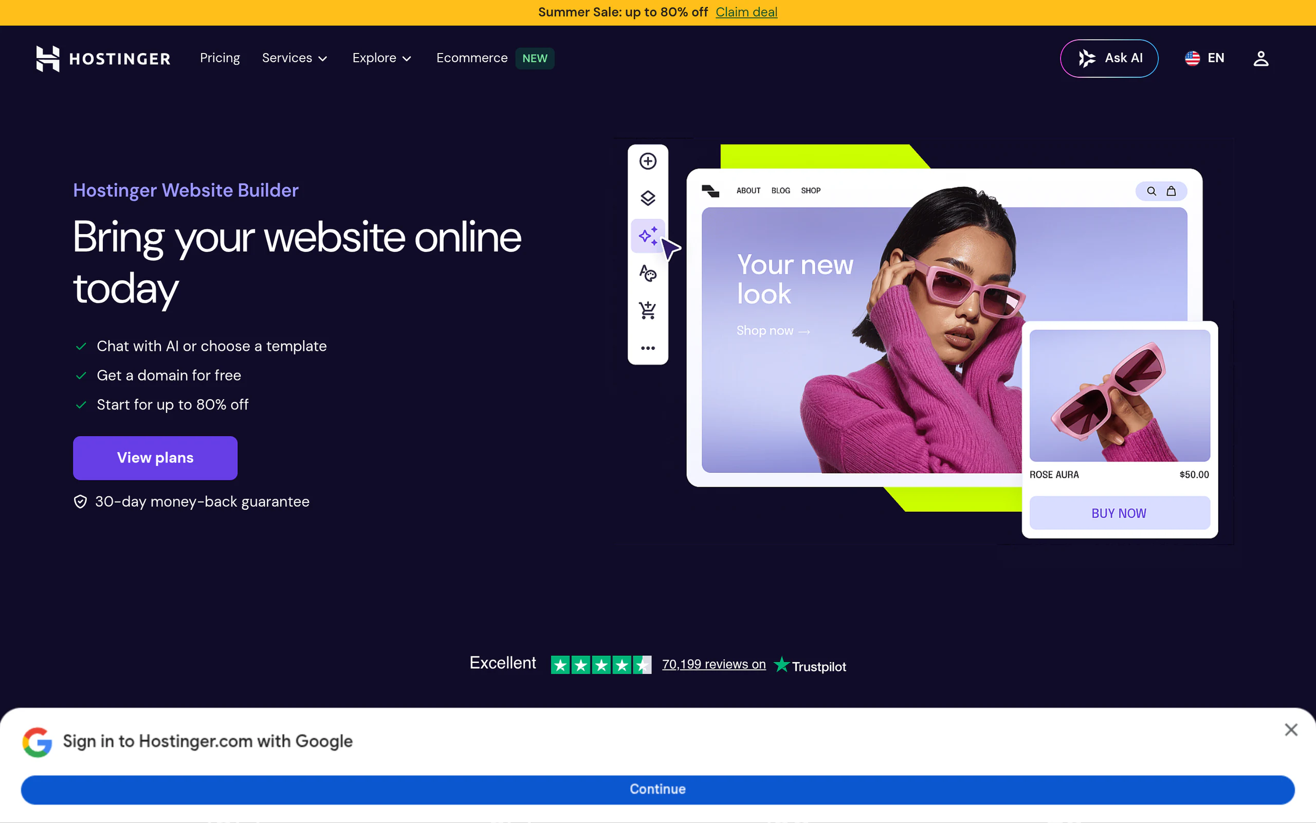 Hostinger AI website builder landing page