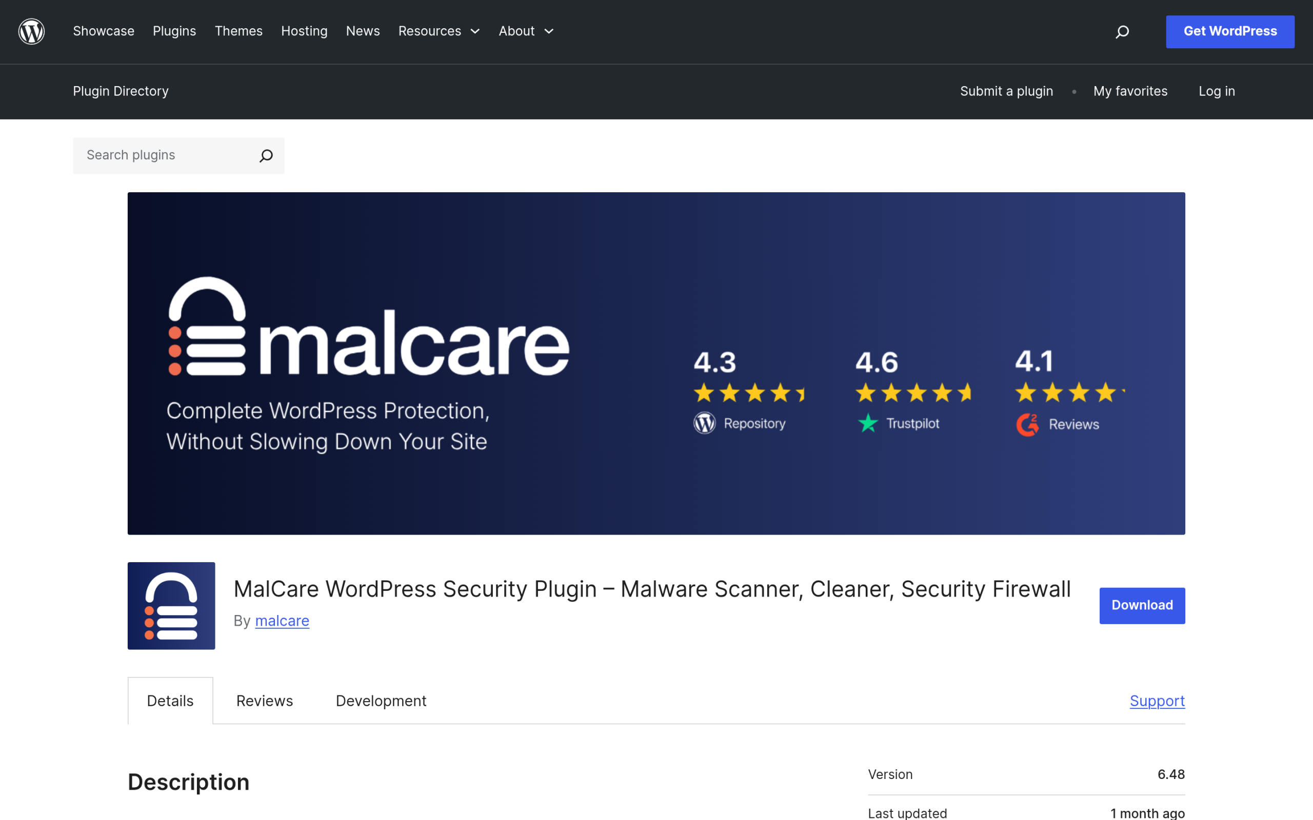 MalCare WordPress security plugin on the WordPress.org plugin directory