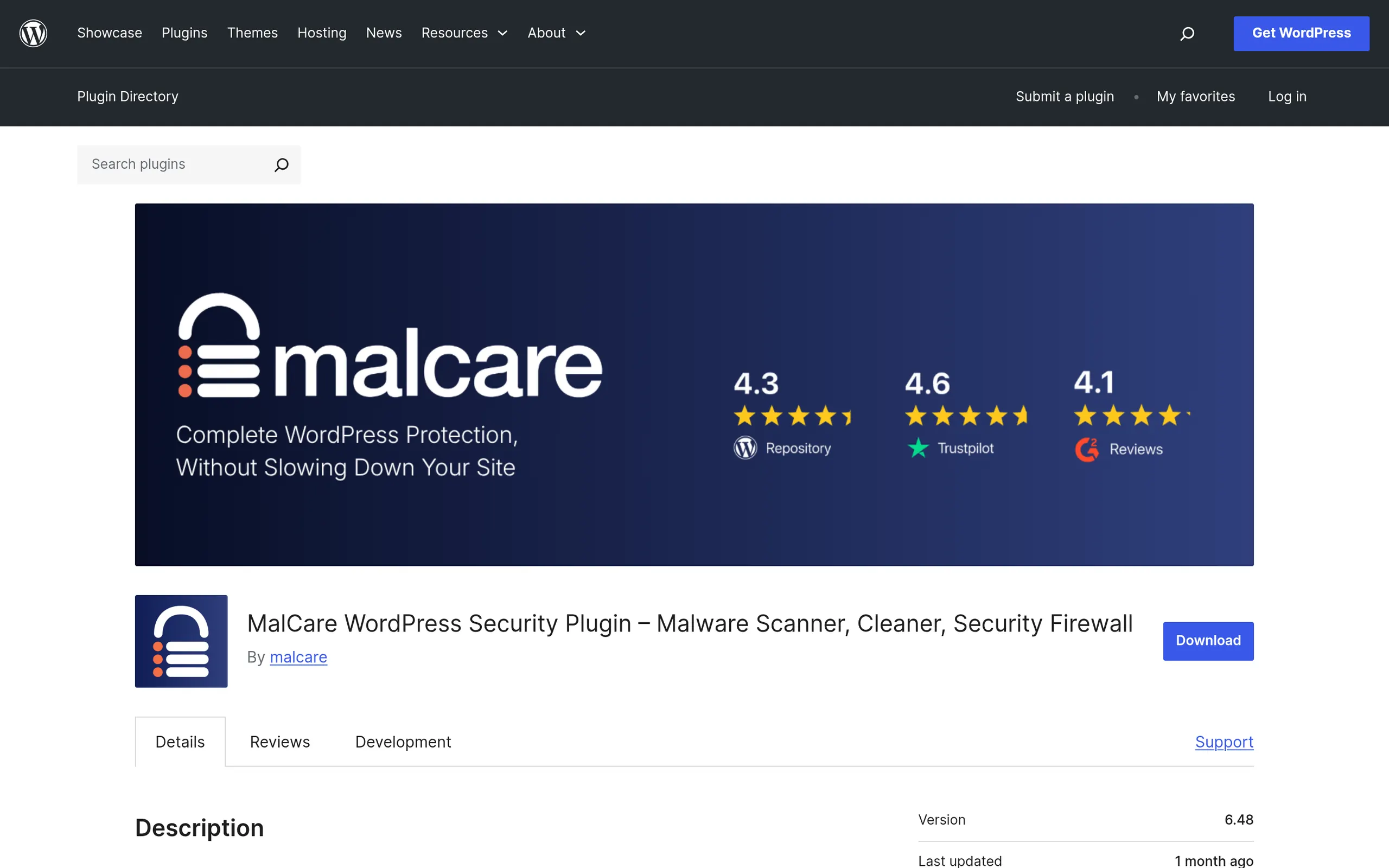 MalCare WordPress security plugin on the WordPress.org plugin directory