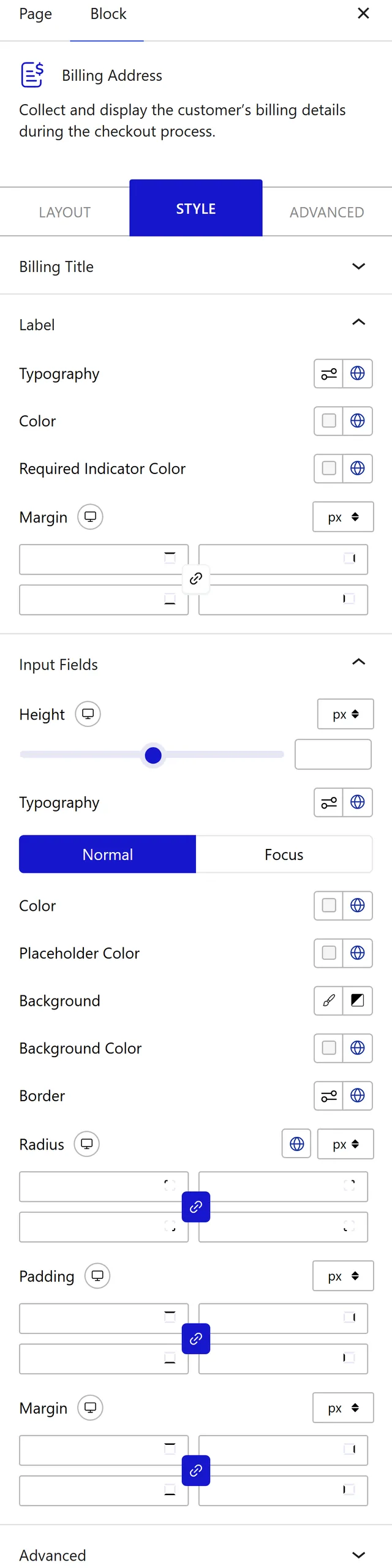 Nexter Blocks WooCommerce Billing block Style inspector settings