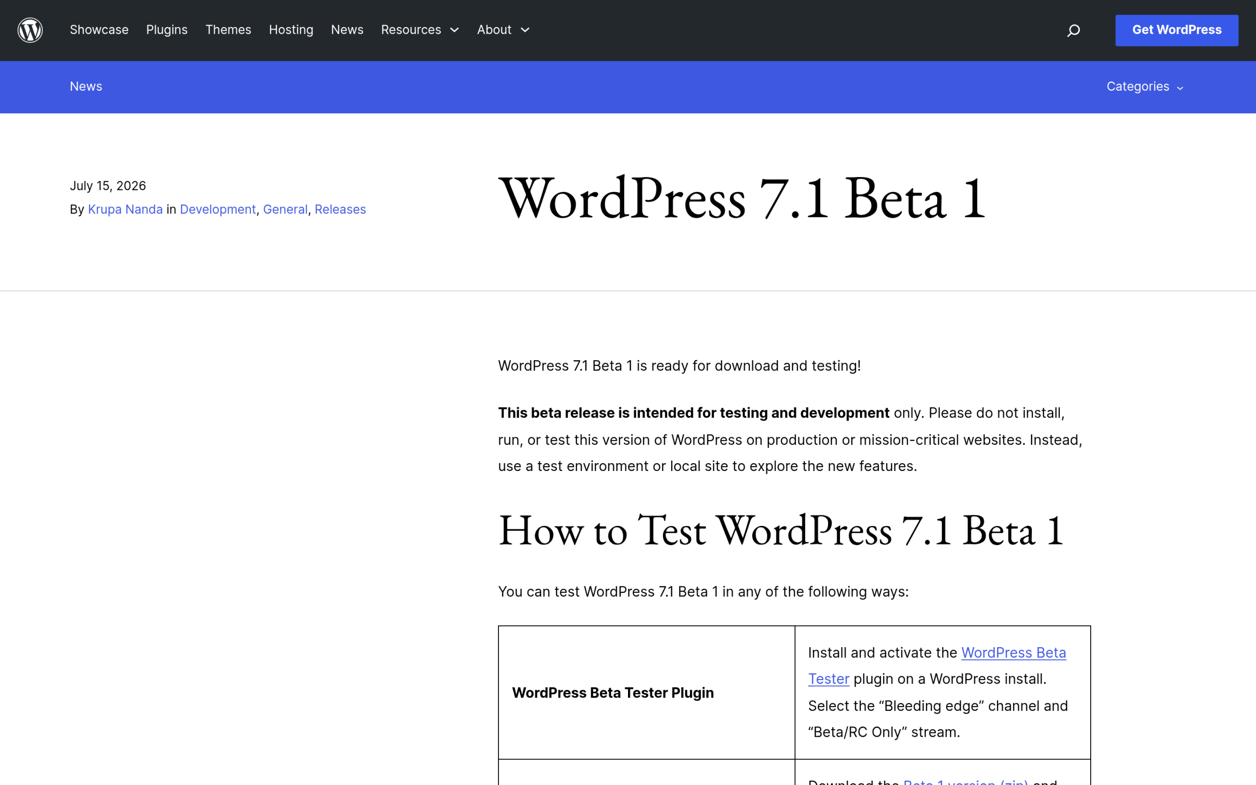 The WordPress 7.1 Beta 1 announcement on wordpress.org/news, dated July 15, 2026