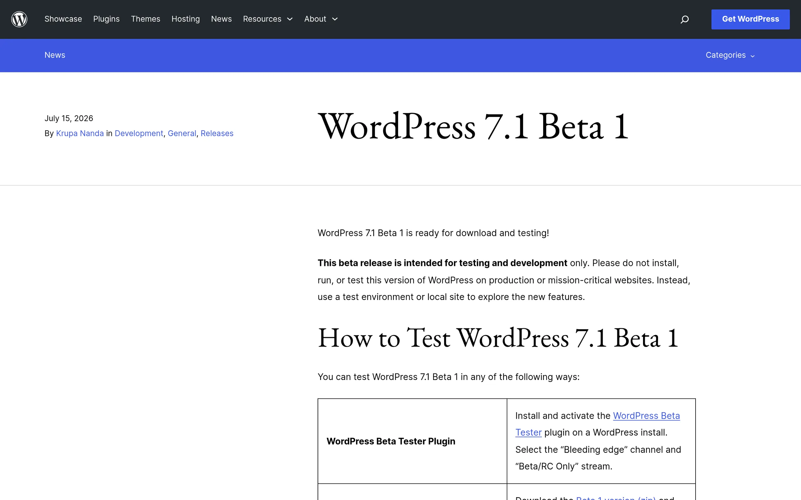 WordPress 7.1 Beta 1 announcement on wordpress.org/news