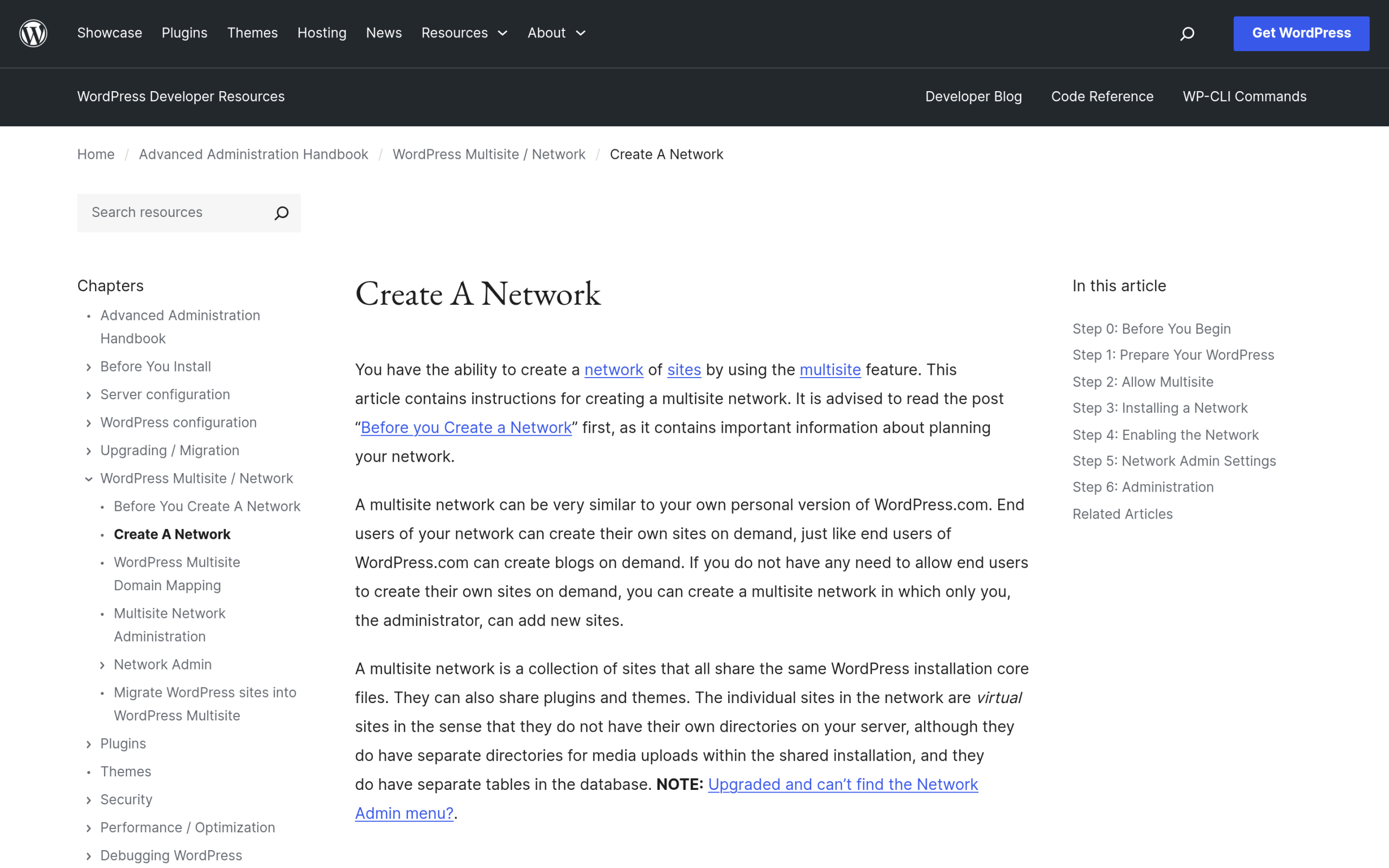 WordPress Create A Network documentation showing the subdomain and subdirectory install choice