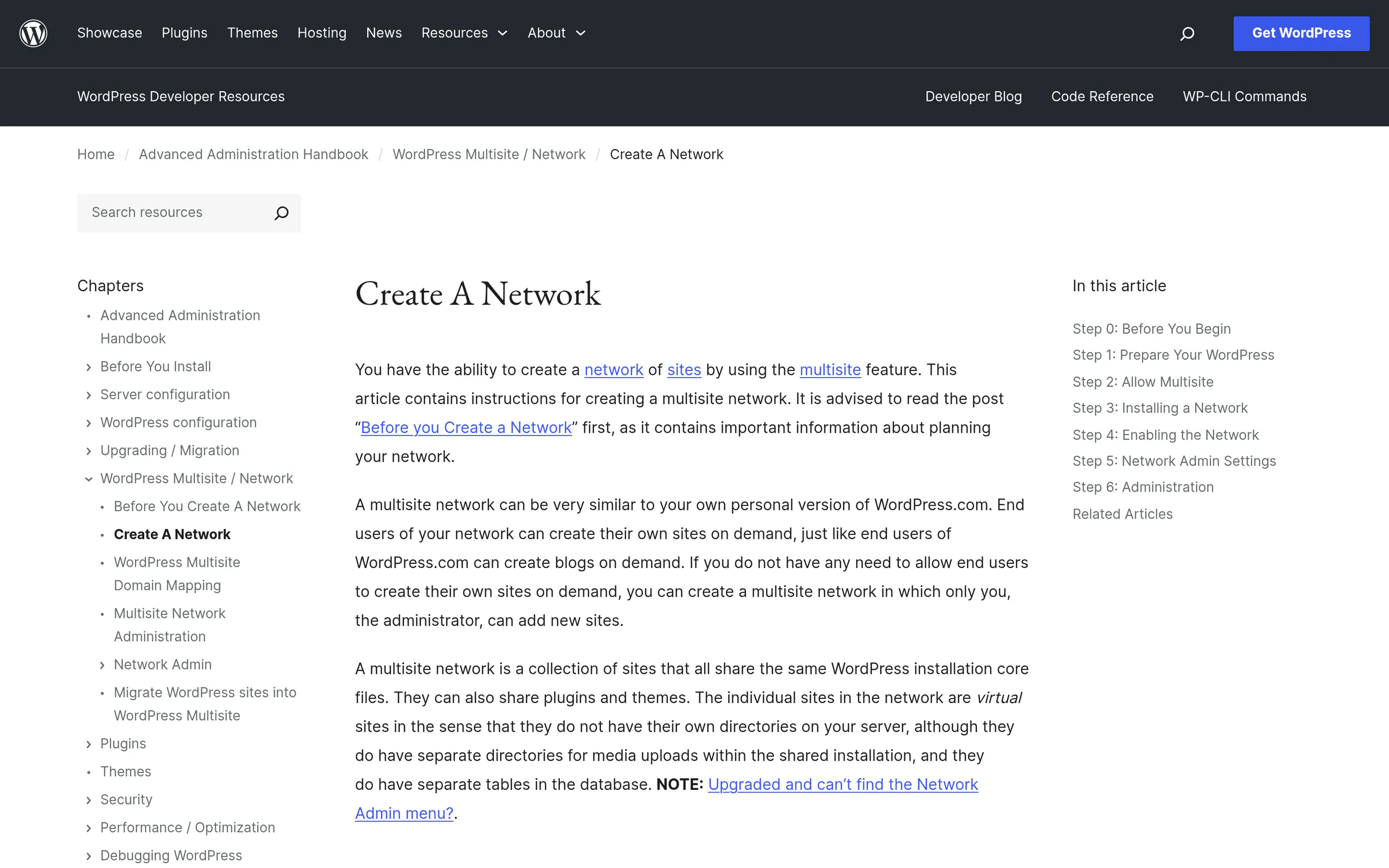 WordPress Create A Network documentation showing the subdomain and subdirectory install choice