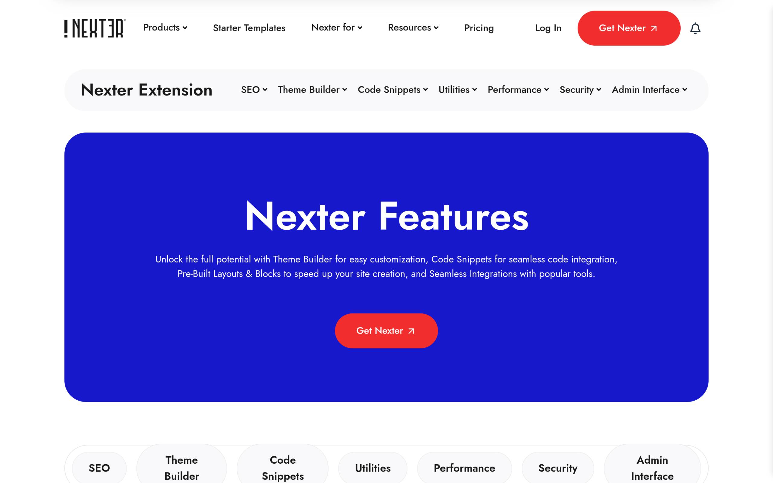 Nexter Extension features page listing 50 plus WordPress modules including Admin Role Switcher