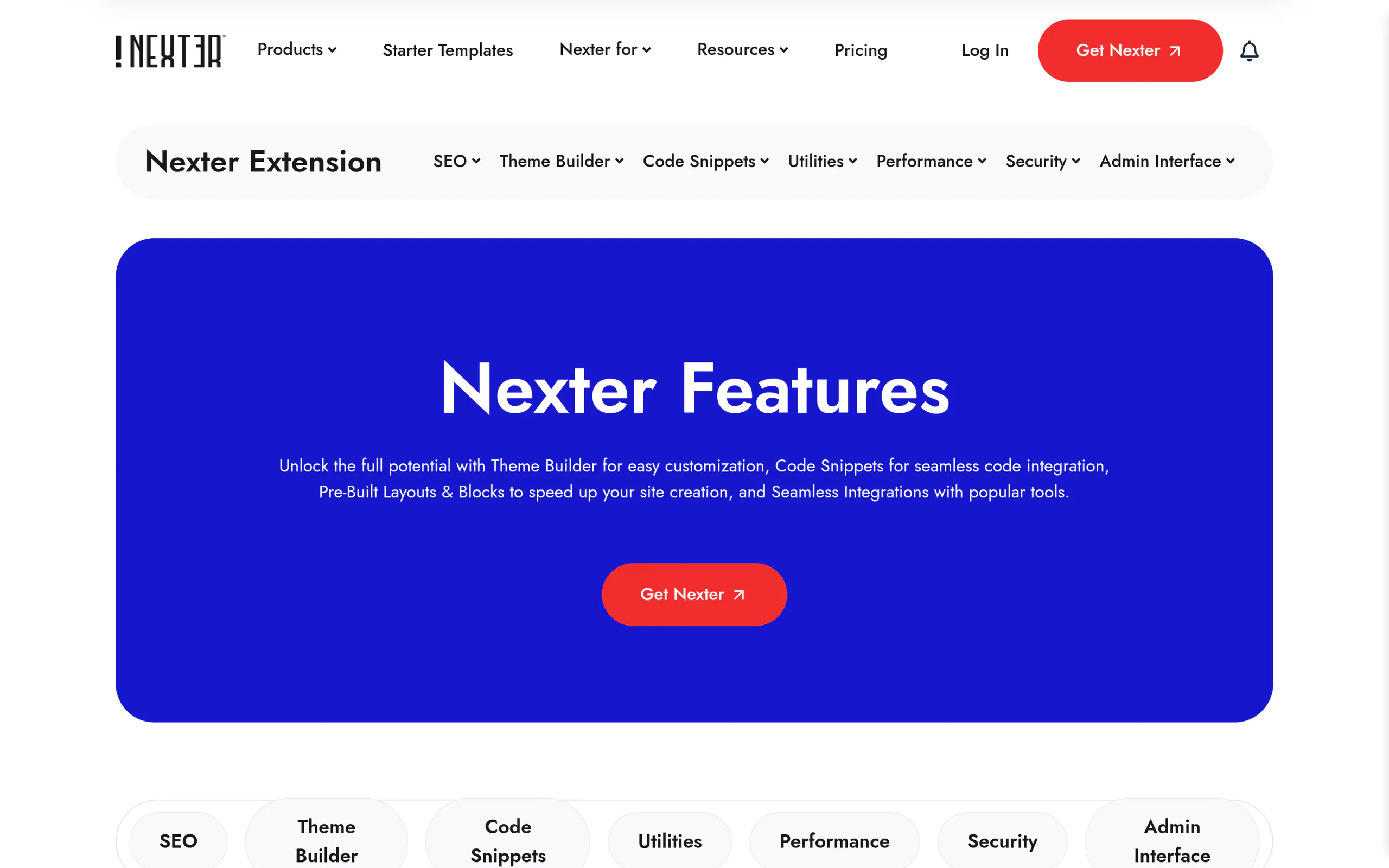 Nexter Extension features page listing 50 plus WordPress modules including Admin Role Switcher