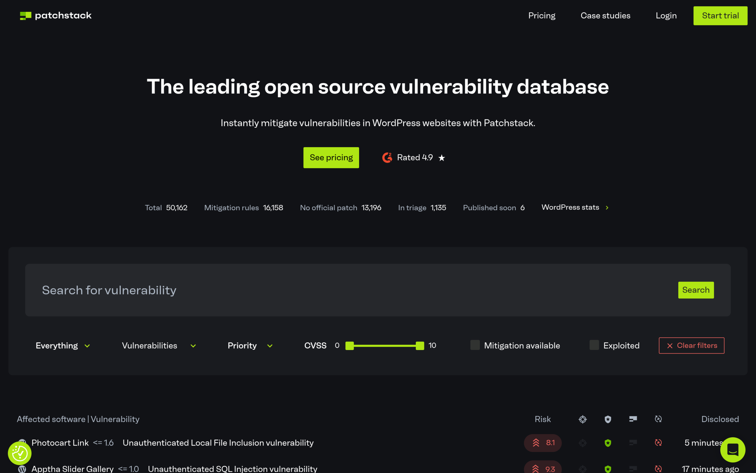 The Patchstack vulnerability database, a free and publicly searchable index of known WordPress plugin vulnerabilities