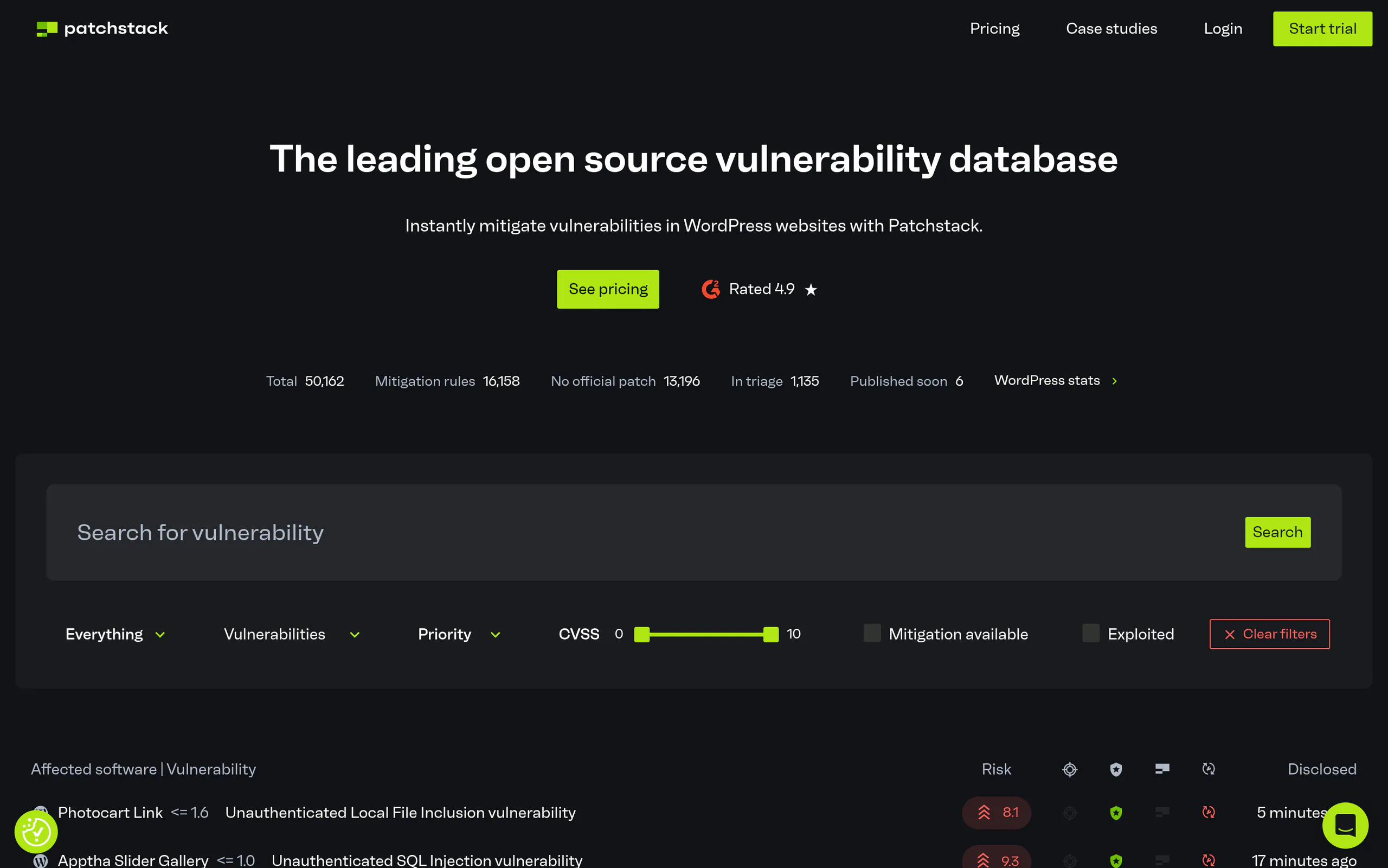 The Patchstack vulnerability database, a free and publicly searchable index of known WordPress plugin vulnerabilities