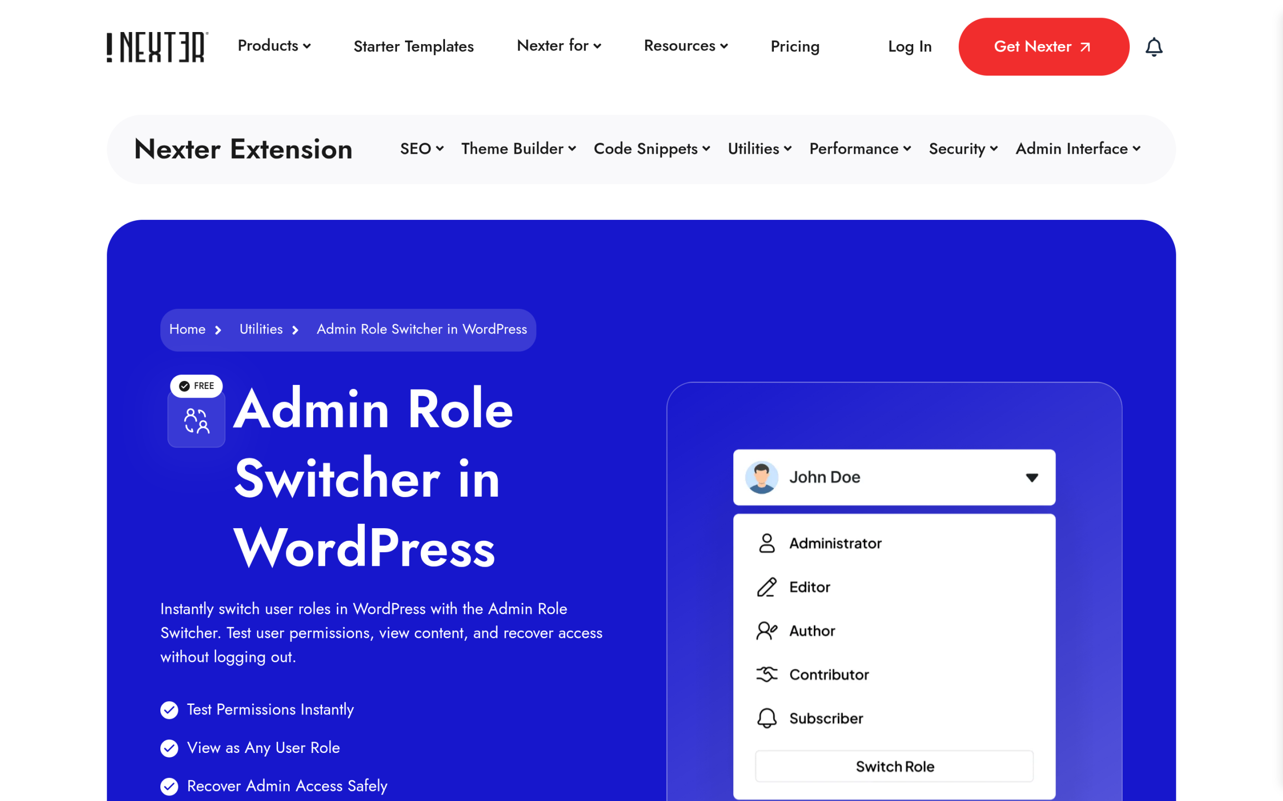 Nexter Extension Admin Role Switcher module page for previewing WordPress user roles