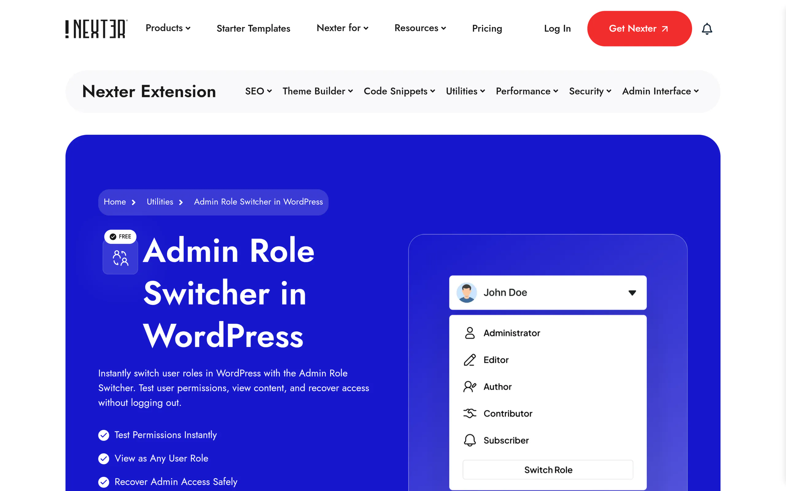 Nexter Extension Admin Role Switcher module page for previewing WordPress user roles