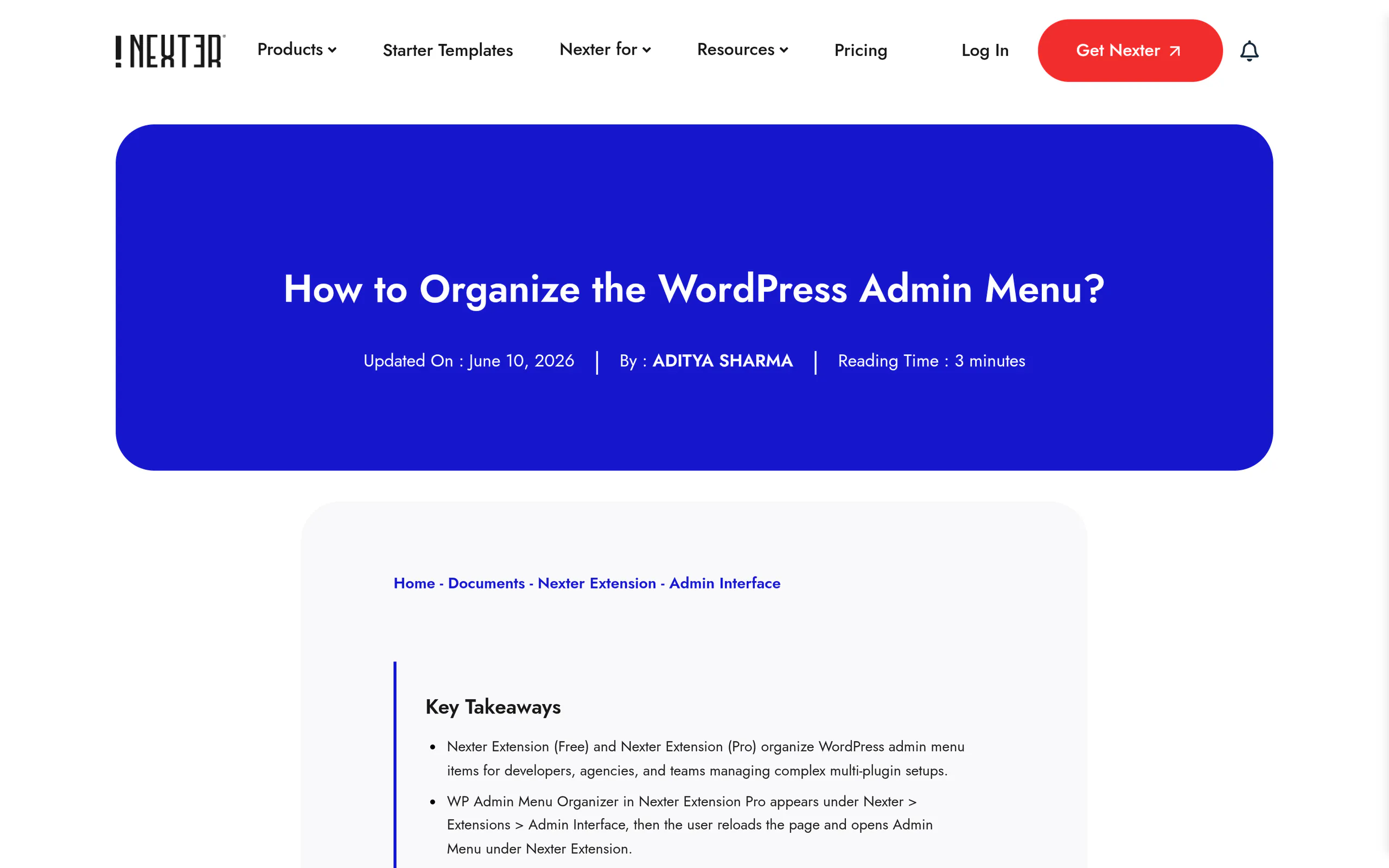 Nexter documentation for the WP Admin Menu Organizer showing hide menu item options by user role