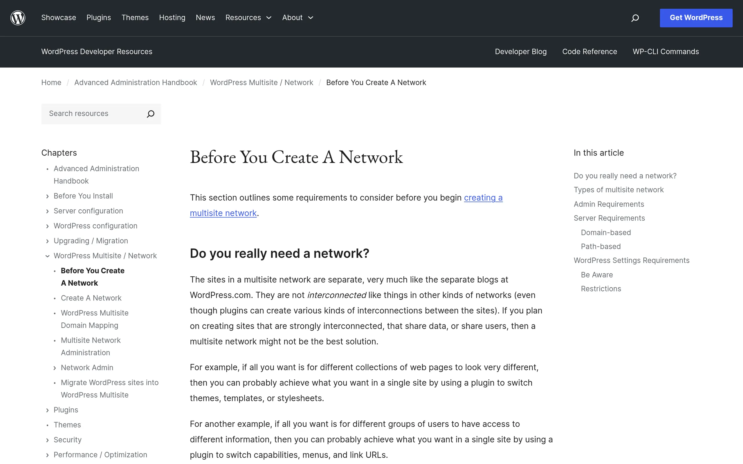 WordPress Before You Create A Network documentation page listing network prerequisites