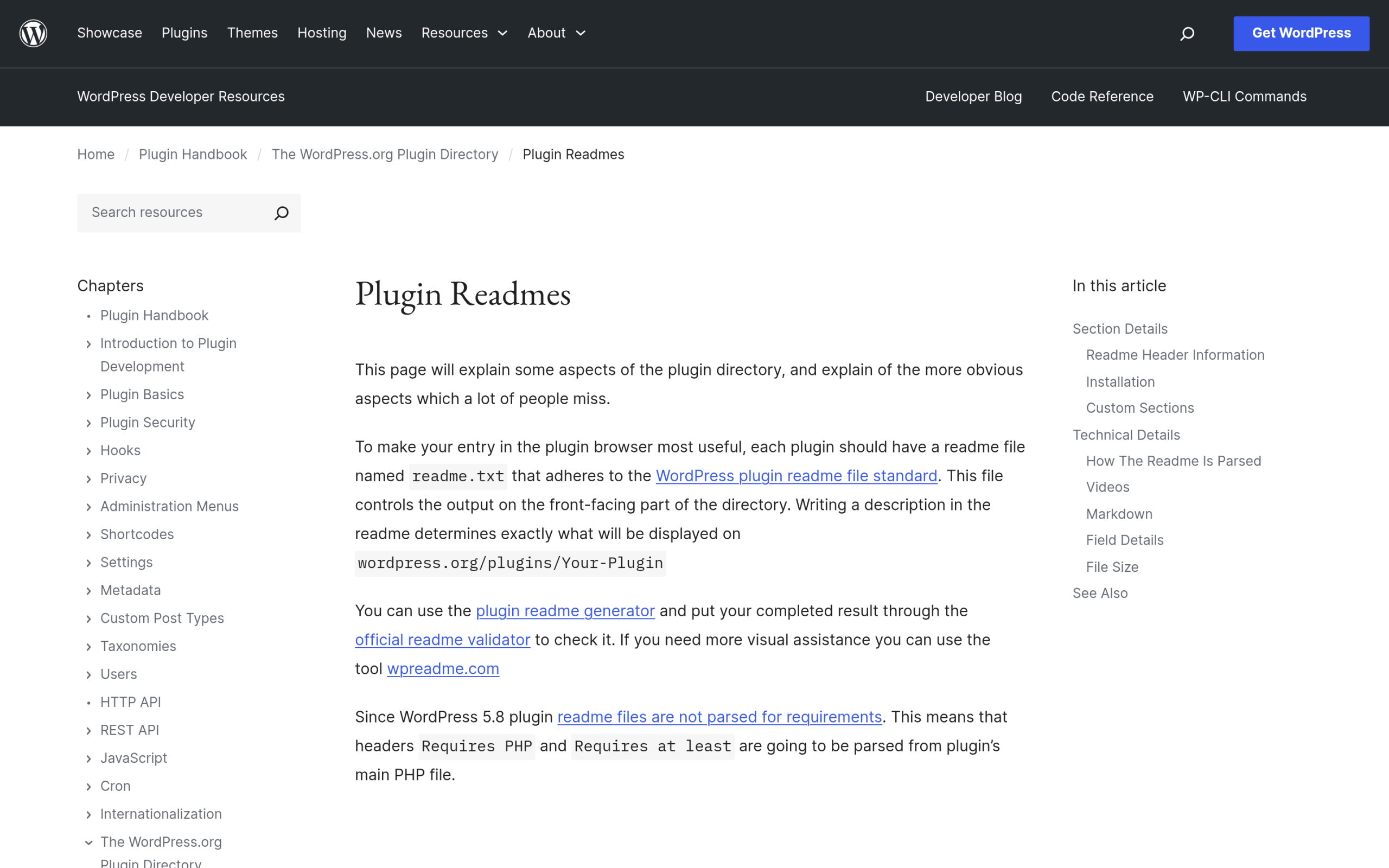 WordPress Plugin Handbook page defining readme header fields including Tested up to, Stable tag and Requires PHP