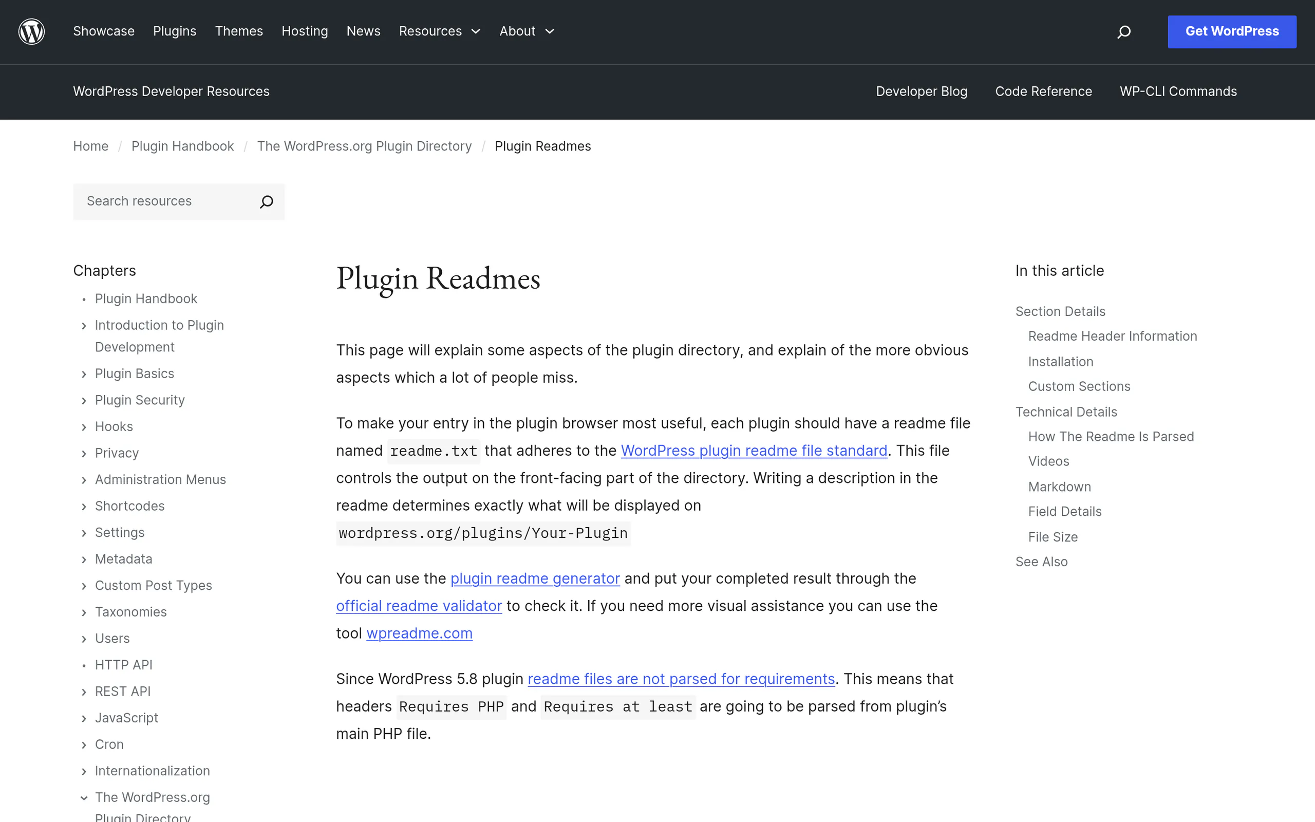 The WordPress Plugin Handbook page defining the readme header fields including Tested up to and Stable tag