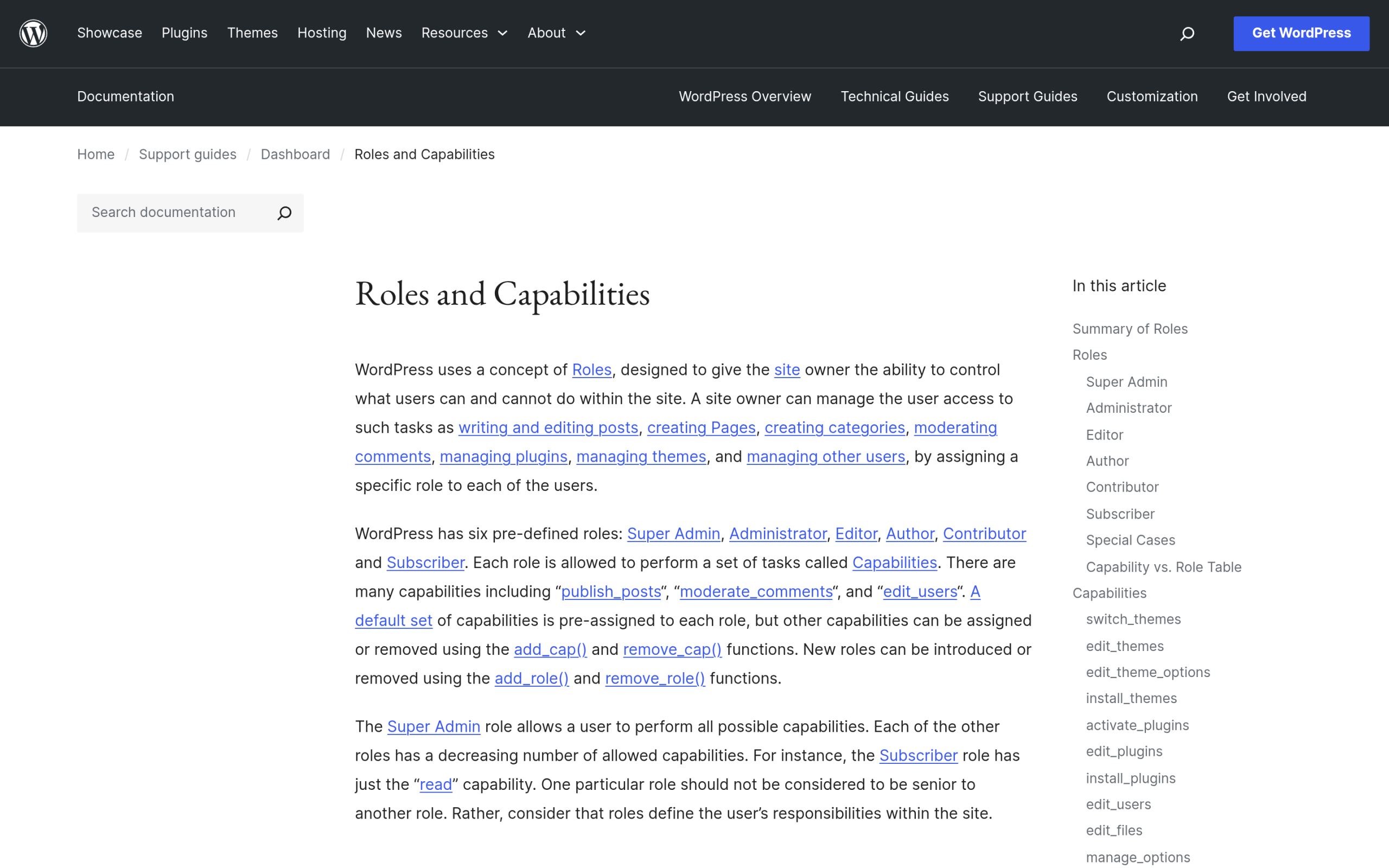 WordPress Roles and Capabilities documentation page listing the six default user roles