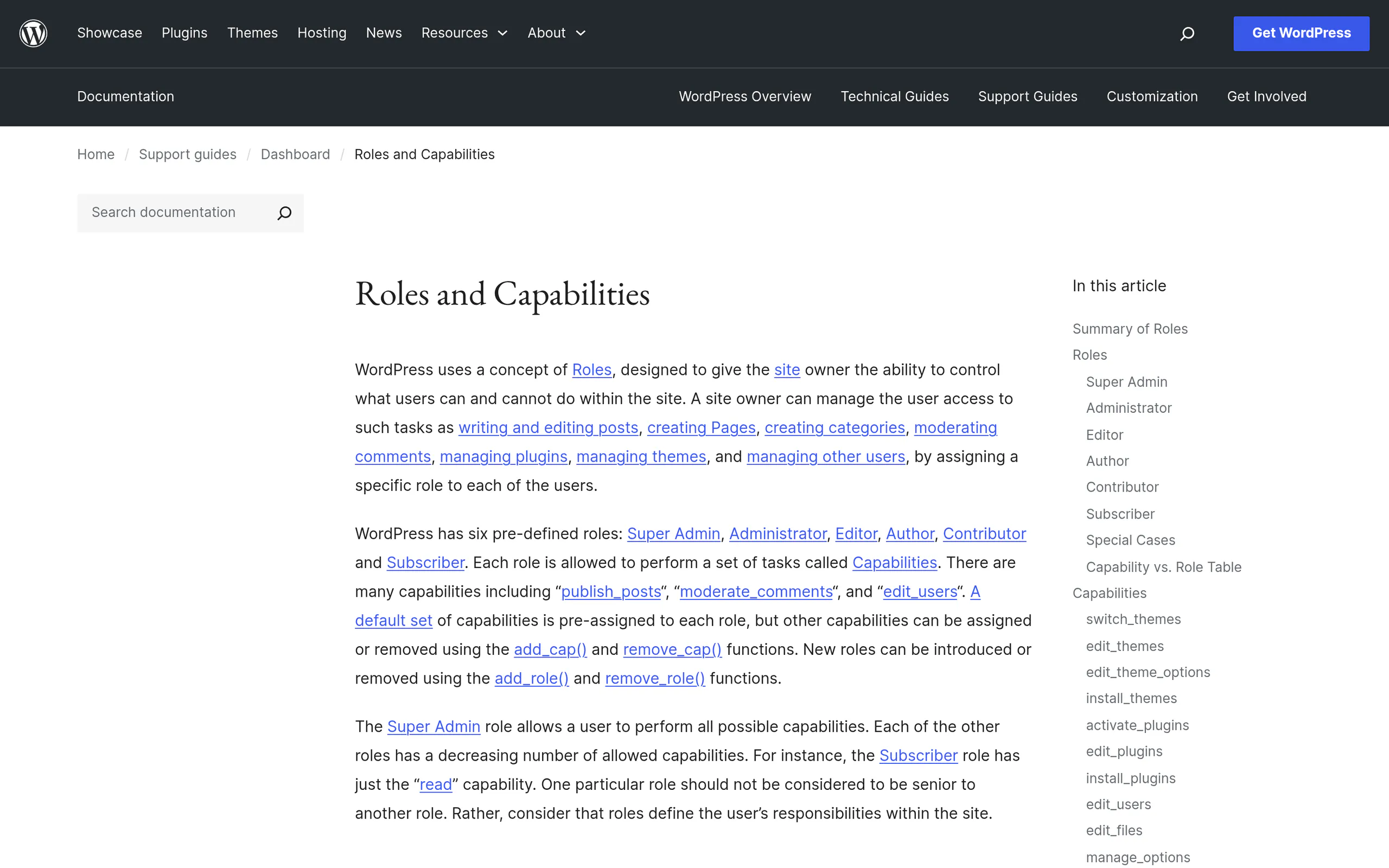 WordPress Roles and Capabilities documentation page listing the six default user roles