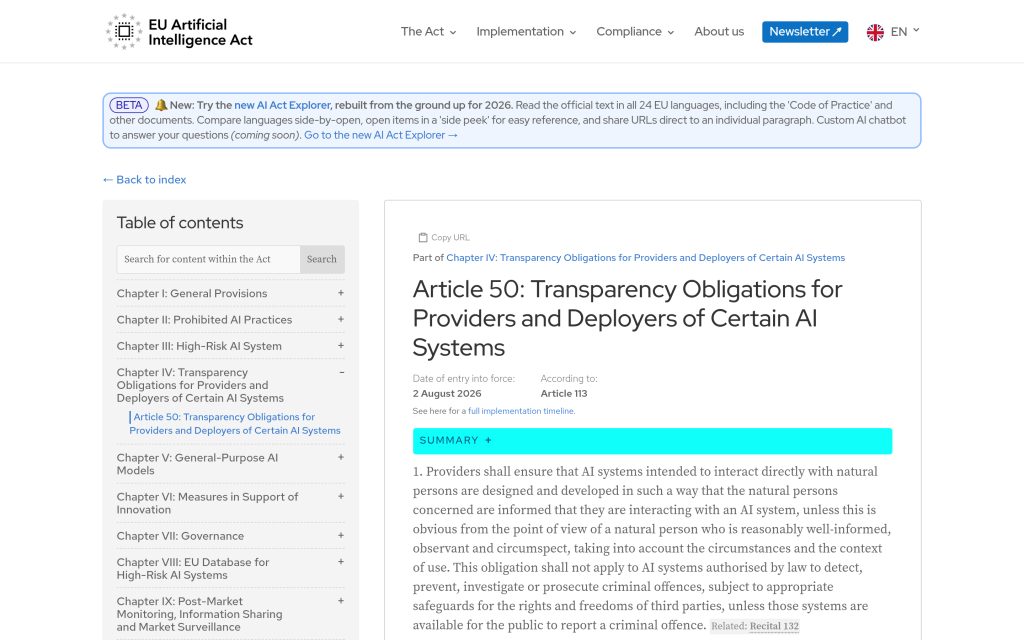 Full text of Article 50 of the EU AI Act covering transparency obligations