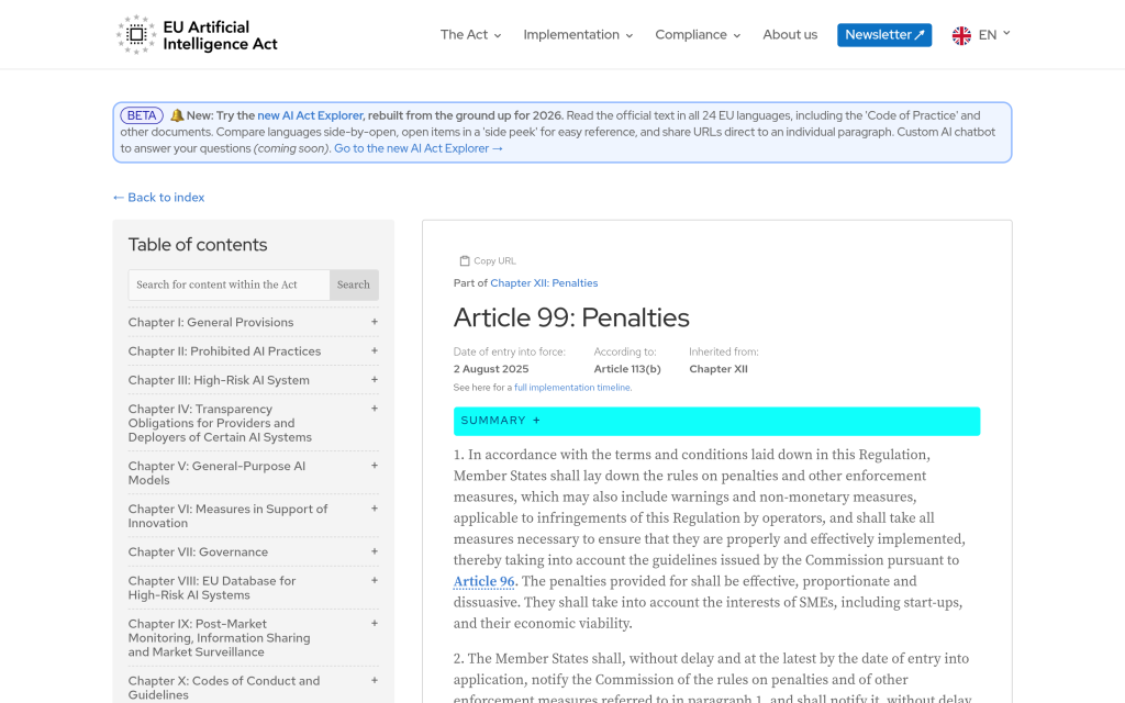 Article 99 of the EU AI Act setting out administrative fines and penalties