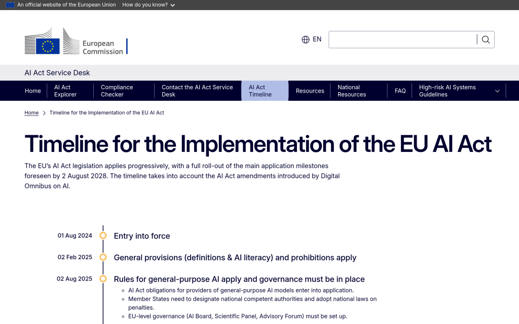 Official EU AI Act implementation timeline on the European Commission AI Act Service Desk