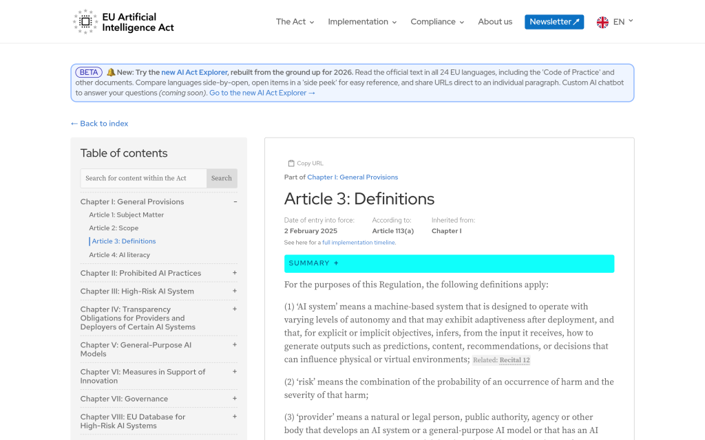 Article 3 of the EU AI Act defining provider and deployer