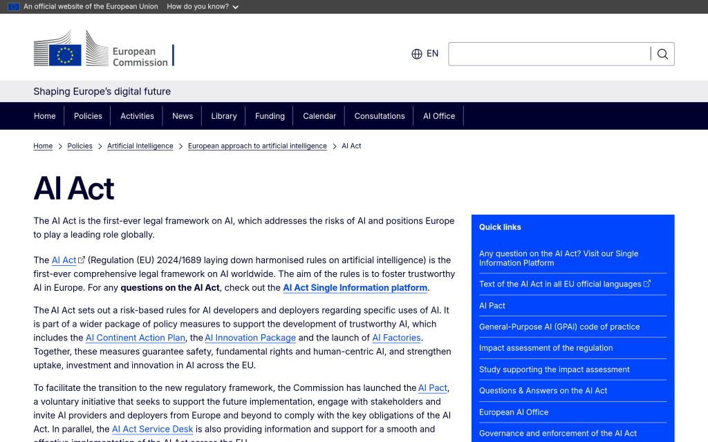 European Commission page on the EU regulatory framework for artificial intelligence