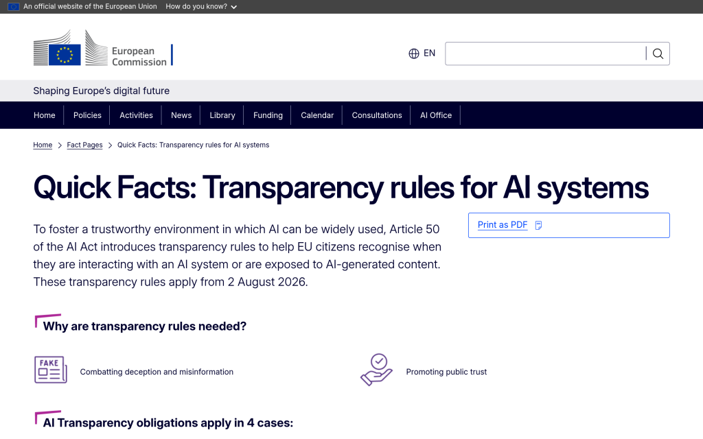 European Commission quick facts on AI transparency rules and the December 2026 grace period