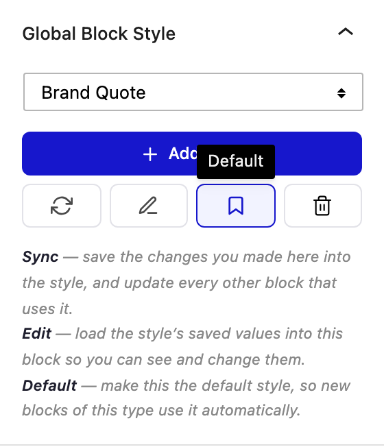 Default icon active for the current block type in the Global Block Style panel