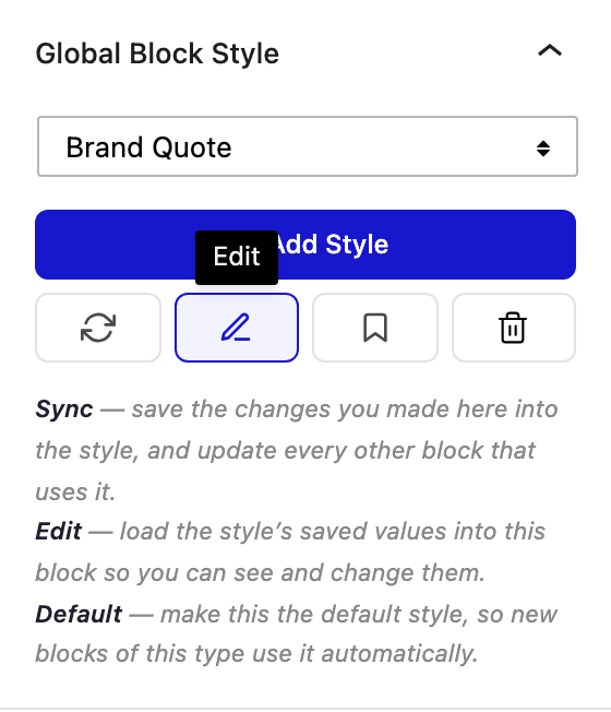 Edit icon beside the Global Block Style dropdown in the WordPress block editor