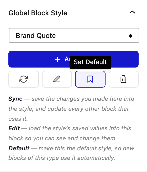 Set Default icon in the Global Block Style panel of the WordPress block editor