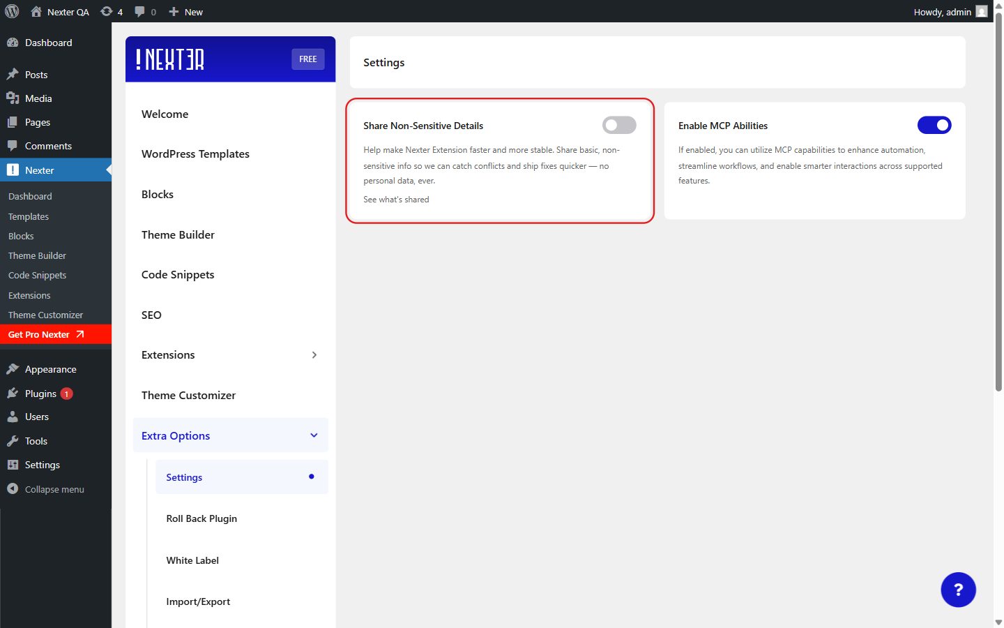 Nexter Extension Share Non-Sensitive Details toggle in Nexter Extensions Extra Options Settings