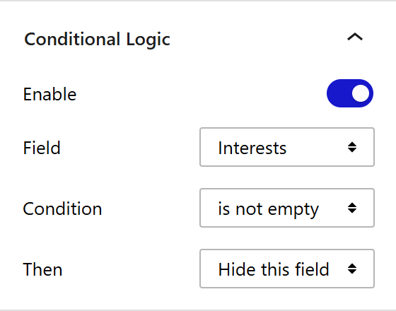 Nexter Blocks Form block Conditional Logic panel with Field, Condition and Then options