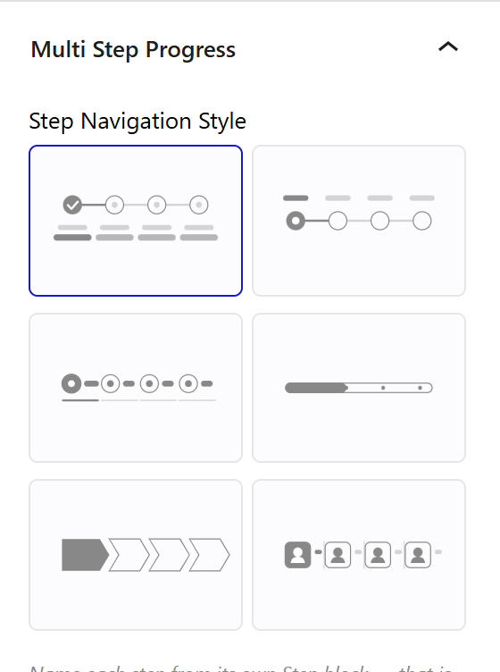 Nexter Blocks Multi Step Progress panel showing the six step navigation styles