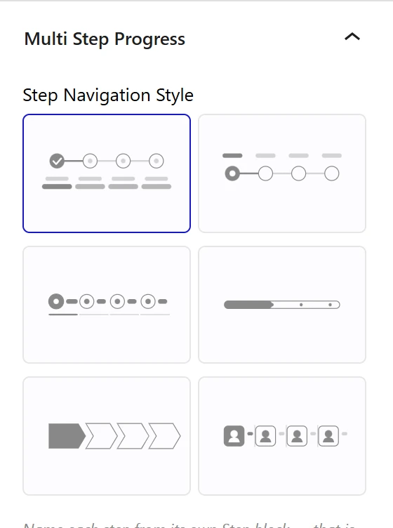 The Multi Step Progress panel with six Step Navigation Style designs