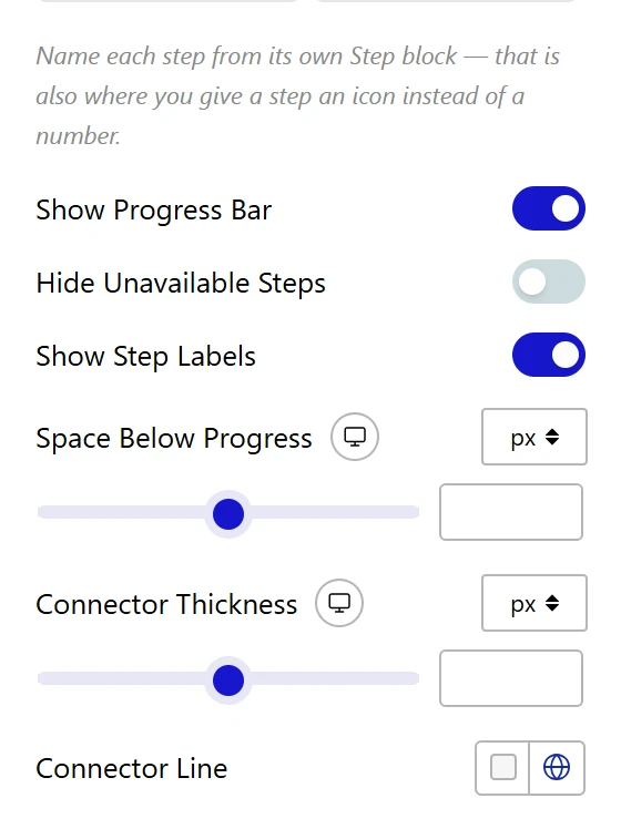 More Multi Step Progress options: Show Progress Bar, Hide Unavailable Steps and Show Step Labels