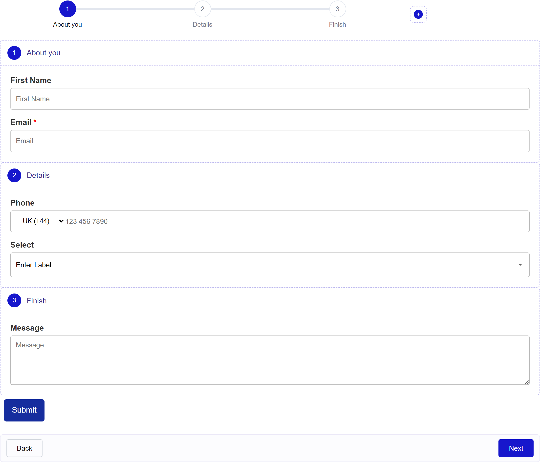 Nexter Blocks multi step form with three steps in the WordPress editor