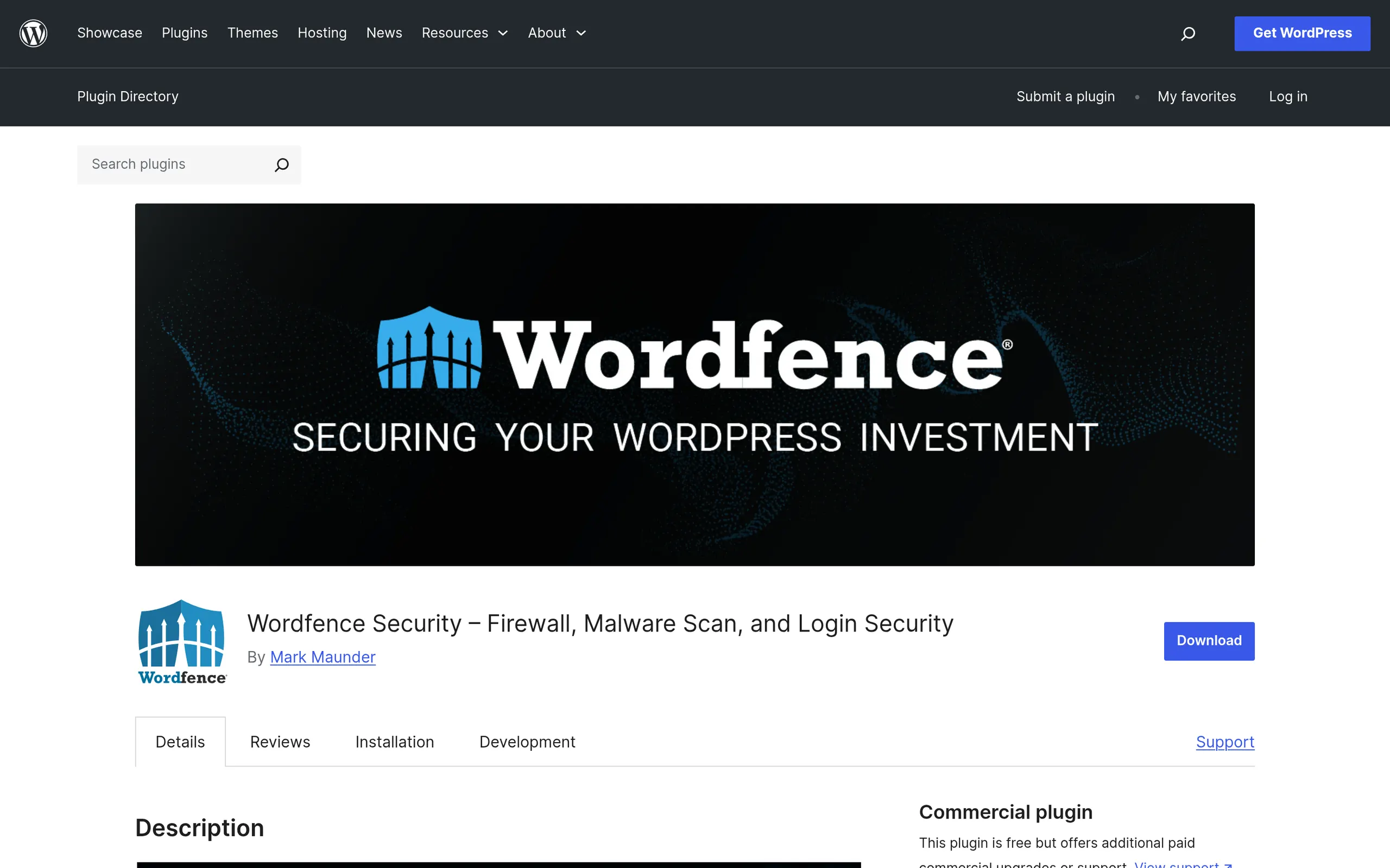 The Wordfence listing in the WordPress.org plugin directory showing version, last updated date, active installations and tested-up-to fields