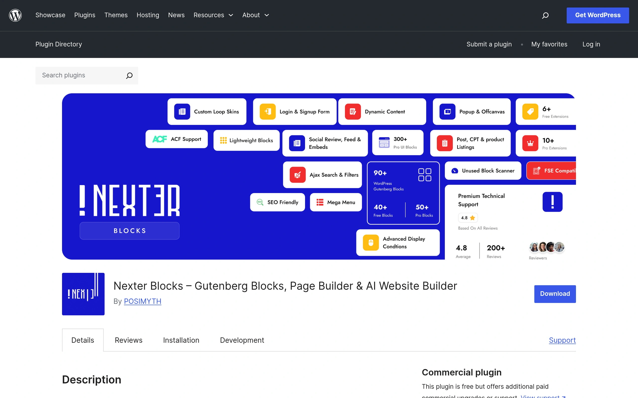 Nexter Blocks plugin page on WordPress.org showing version and active installs