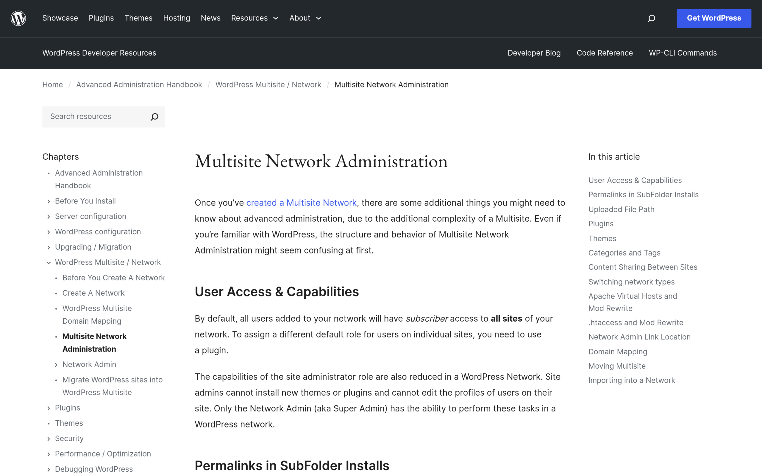 WordPress Multisite Administration documentation describing Super Admin and site admin capabilities