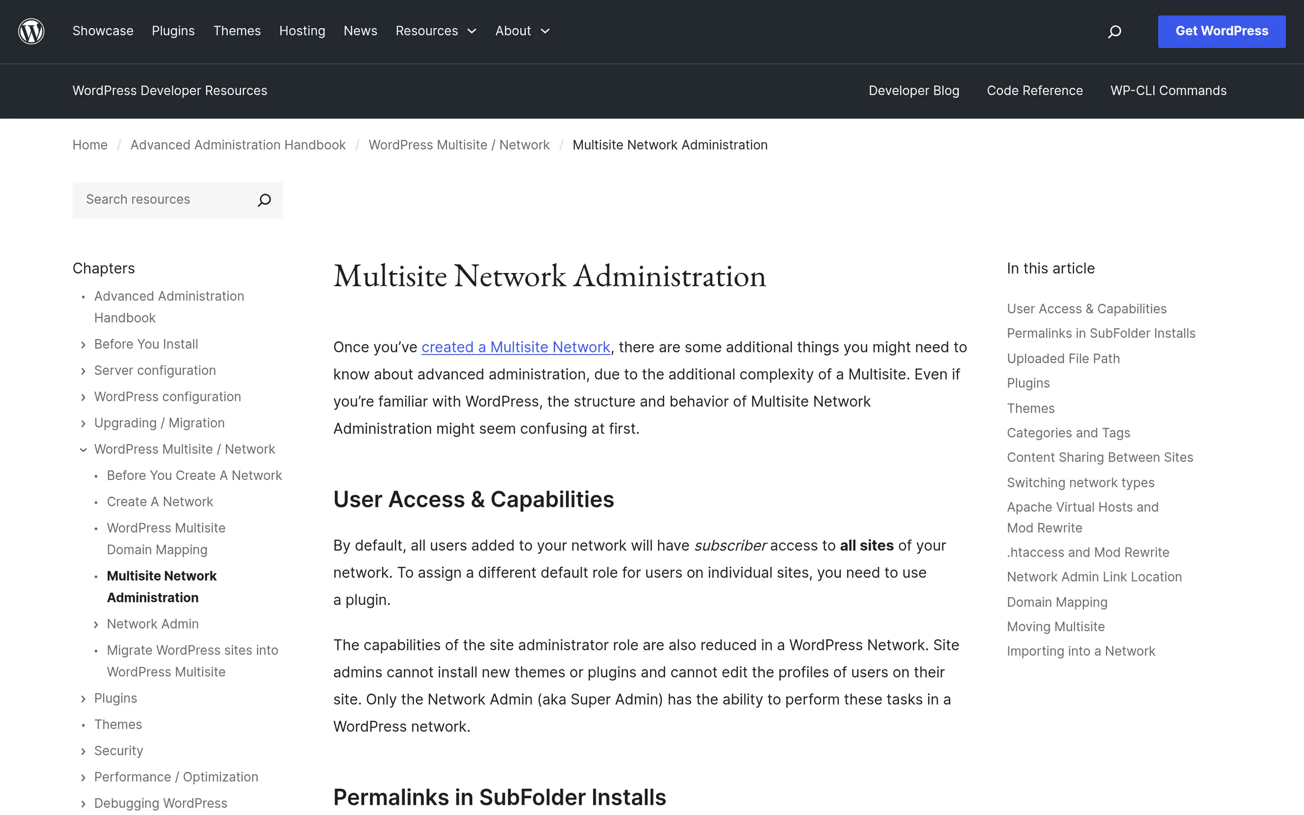 WordPress Multisite Administration documentation describing Super Admin and site admin capabilities