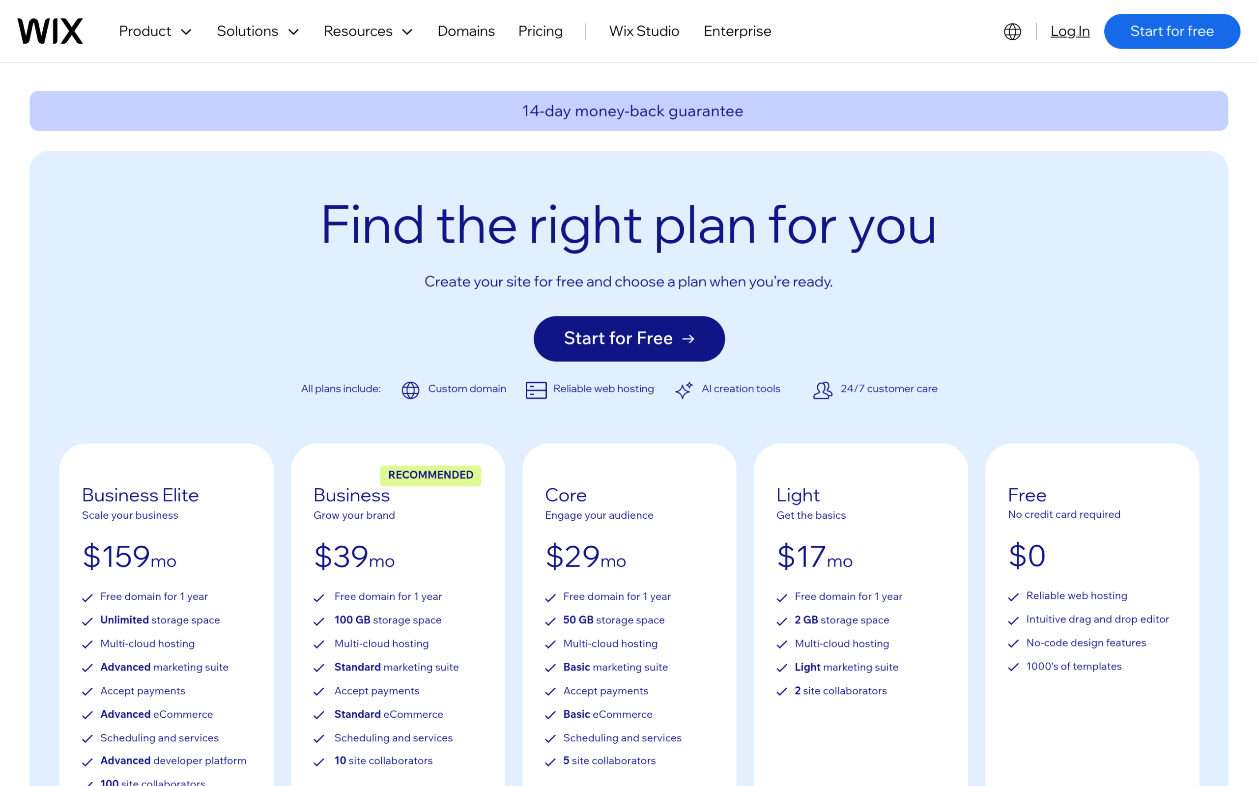 Wix pricing page showing Business Elite, Business, Core, Light and Free plan tiers with monthly prices