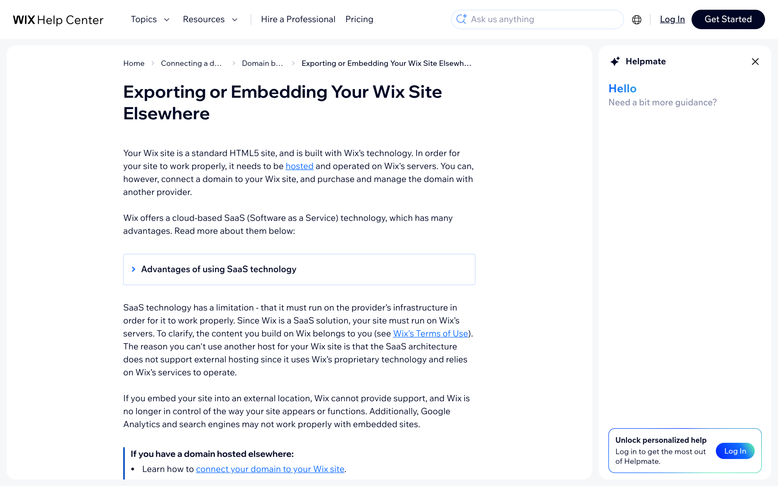 Wix Help Center article stating that a Wix site must run on Wix servers and cannot use another host