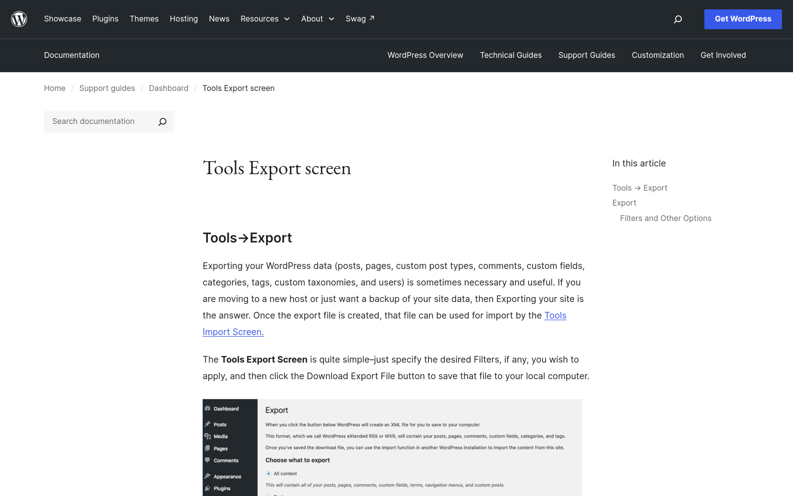 WordPress Tools Export screen documentation describing the WXR export file contents