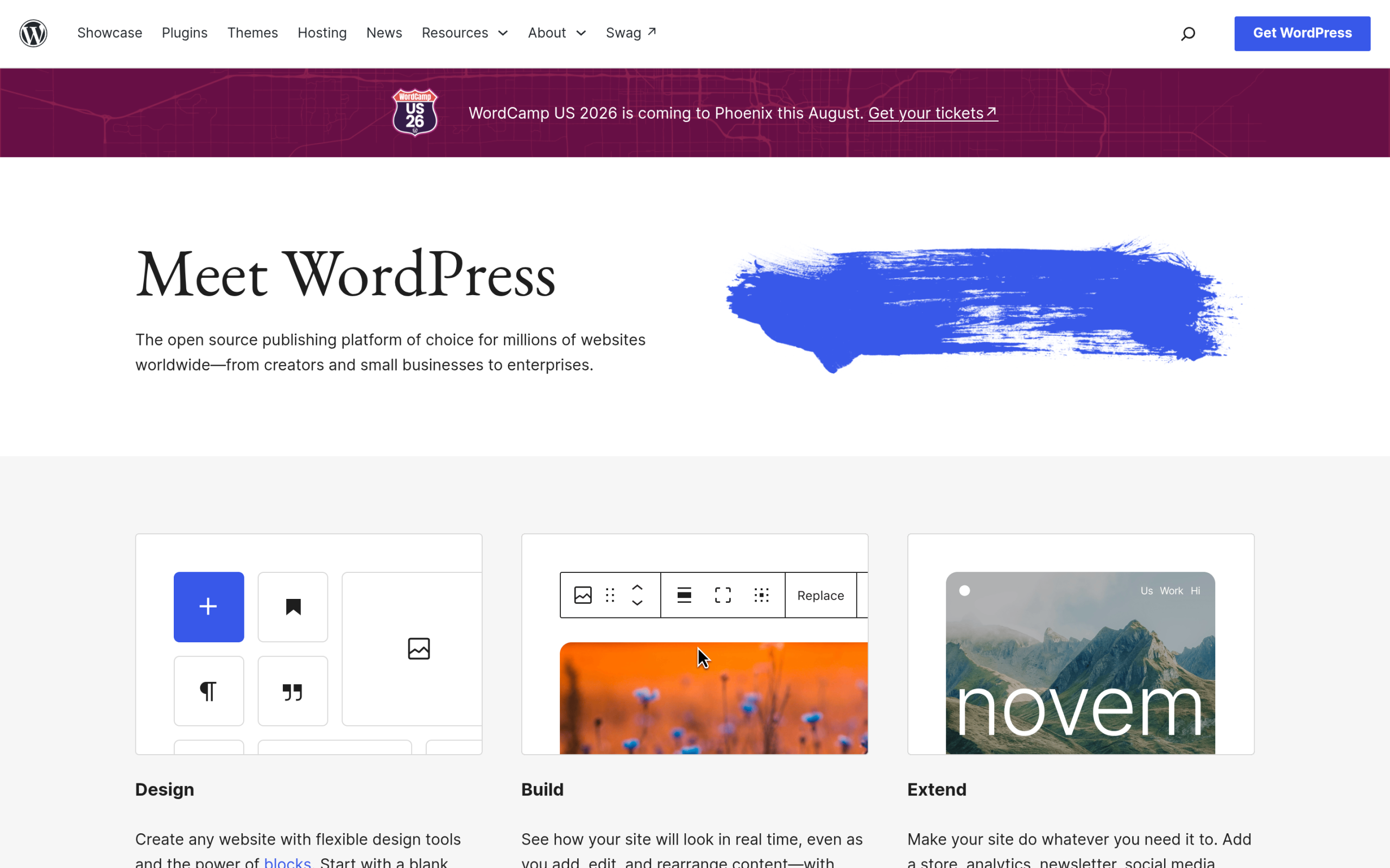 WordPress.org homepage showing the Meet WordPress headline and open source publishing platform description